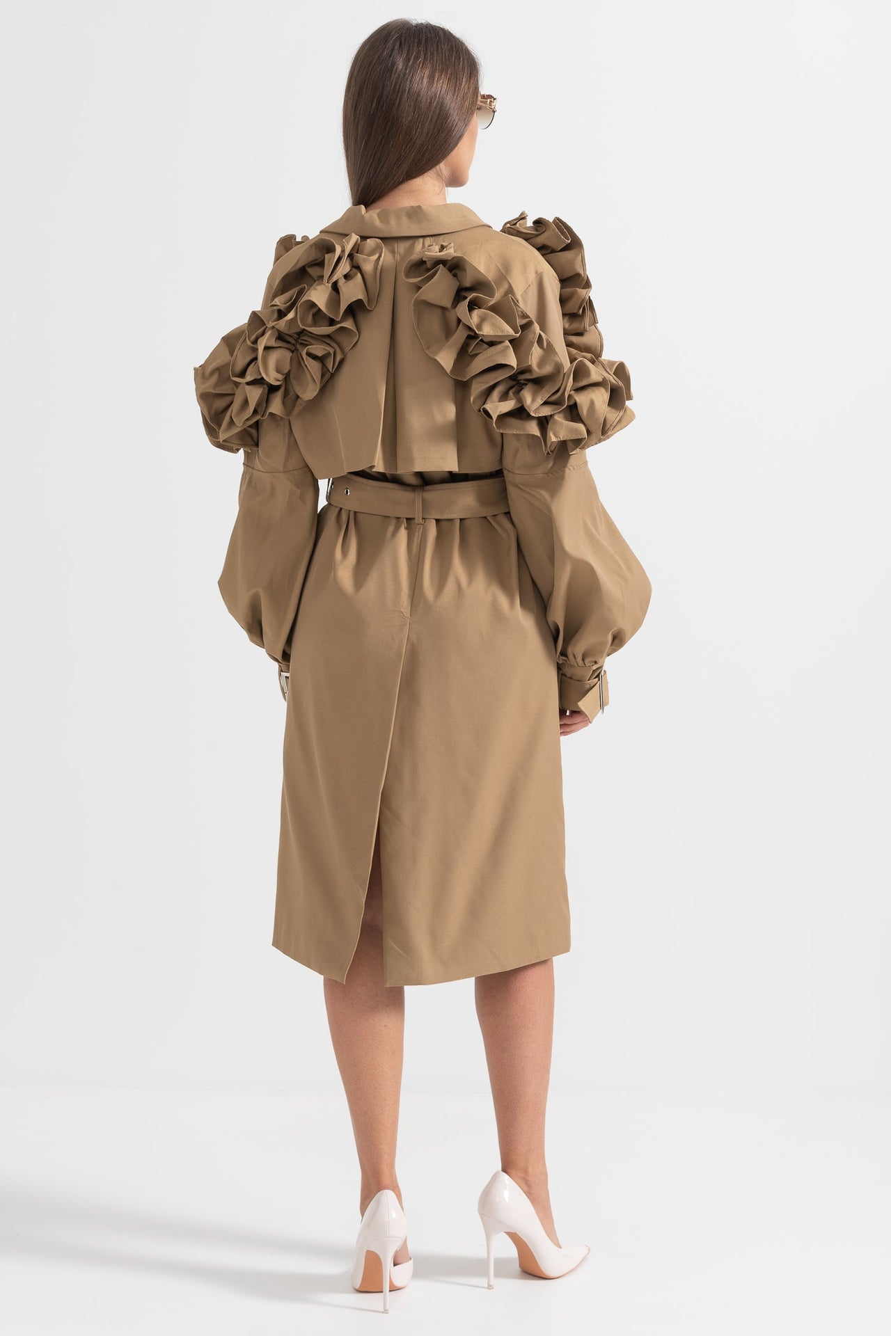 Ruffled Trench Coat - Brown