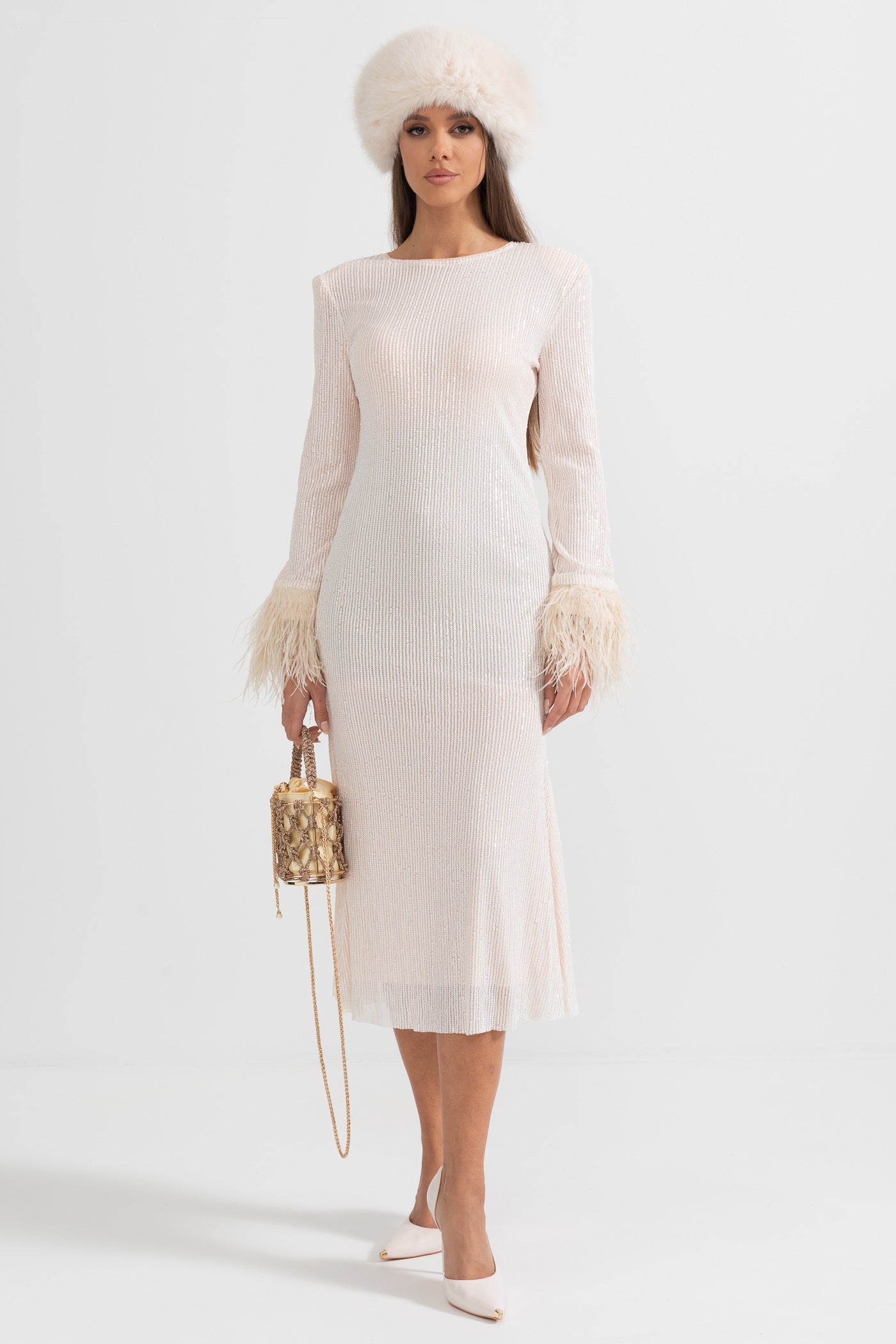 Elegant Feathered Silhouette Dress - Ivoire