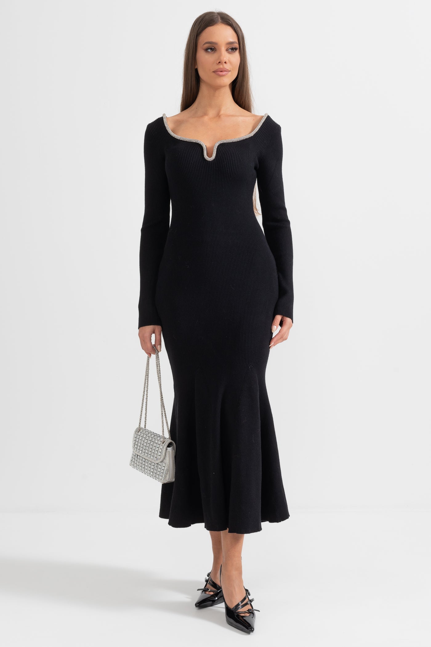 Long Sleeve Dress with Fitted Bodice and Flared Hem - Black