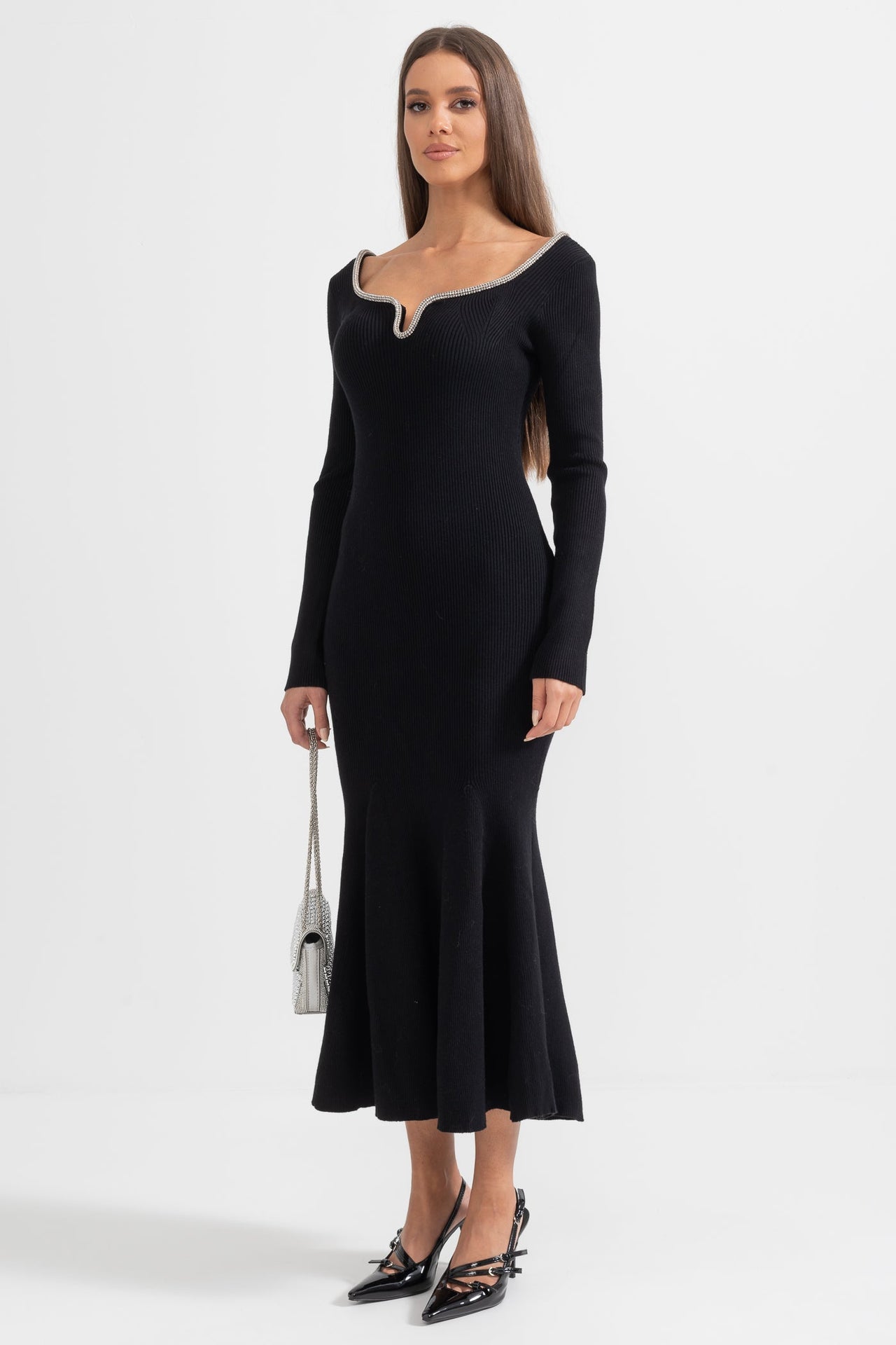 Long Sleeve Dress with Fitted Bodice and Flared Hem - Black