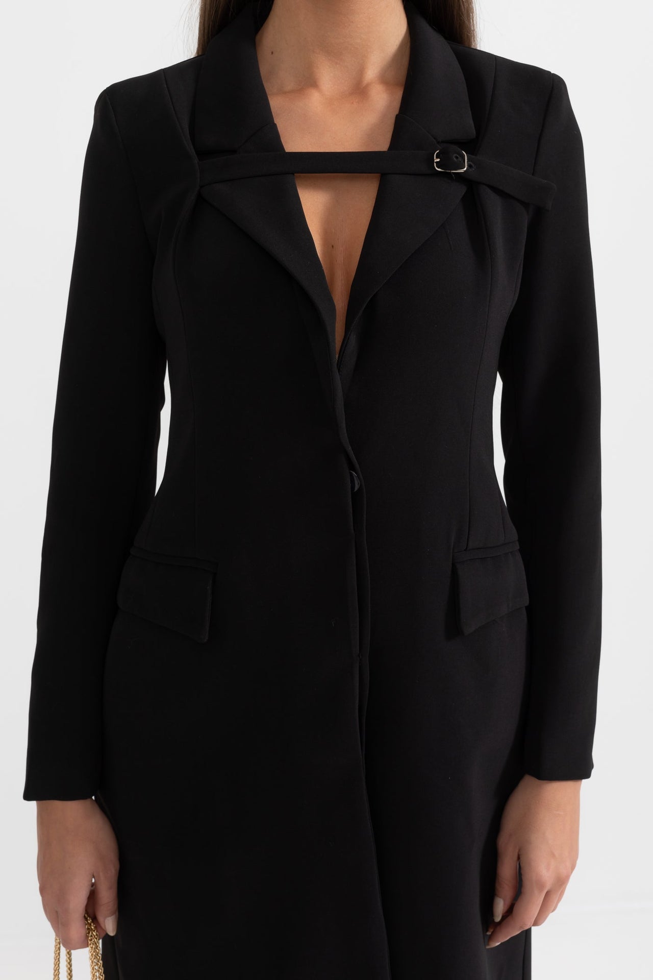 Trench Coat With Belt-Like Chest Accent - Black