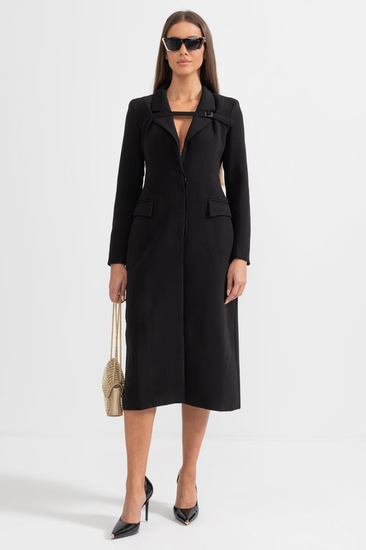 Trench Coat With Belt-Like Chest Accent - Black