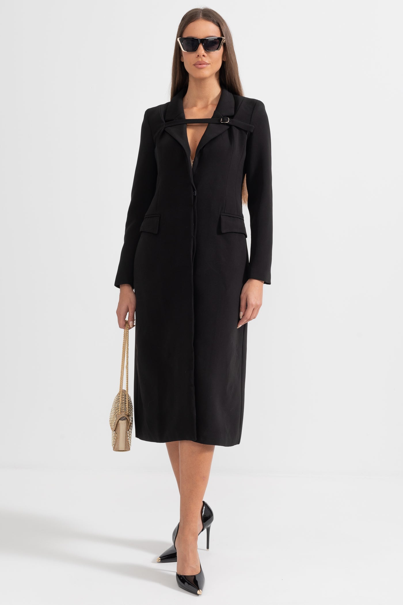 Trench Coat With Belt-Like Chest Accent - Black