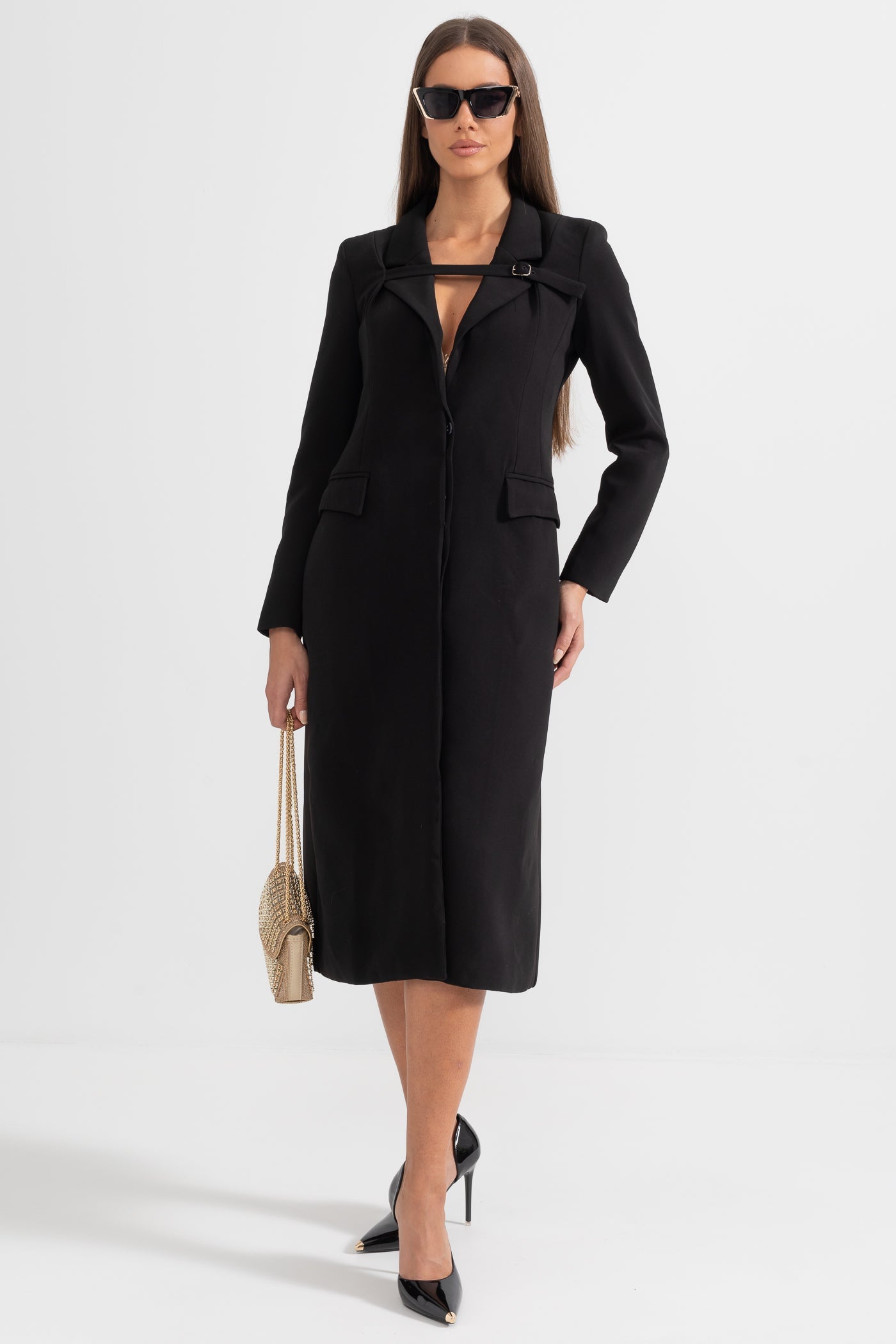 Trench Coat With Belt-Like Chest Accent - Black