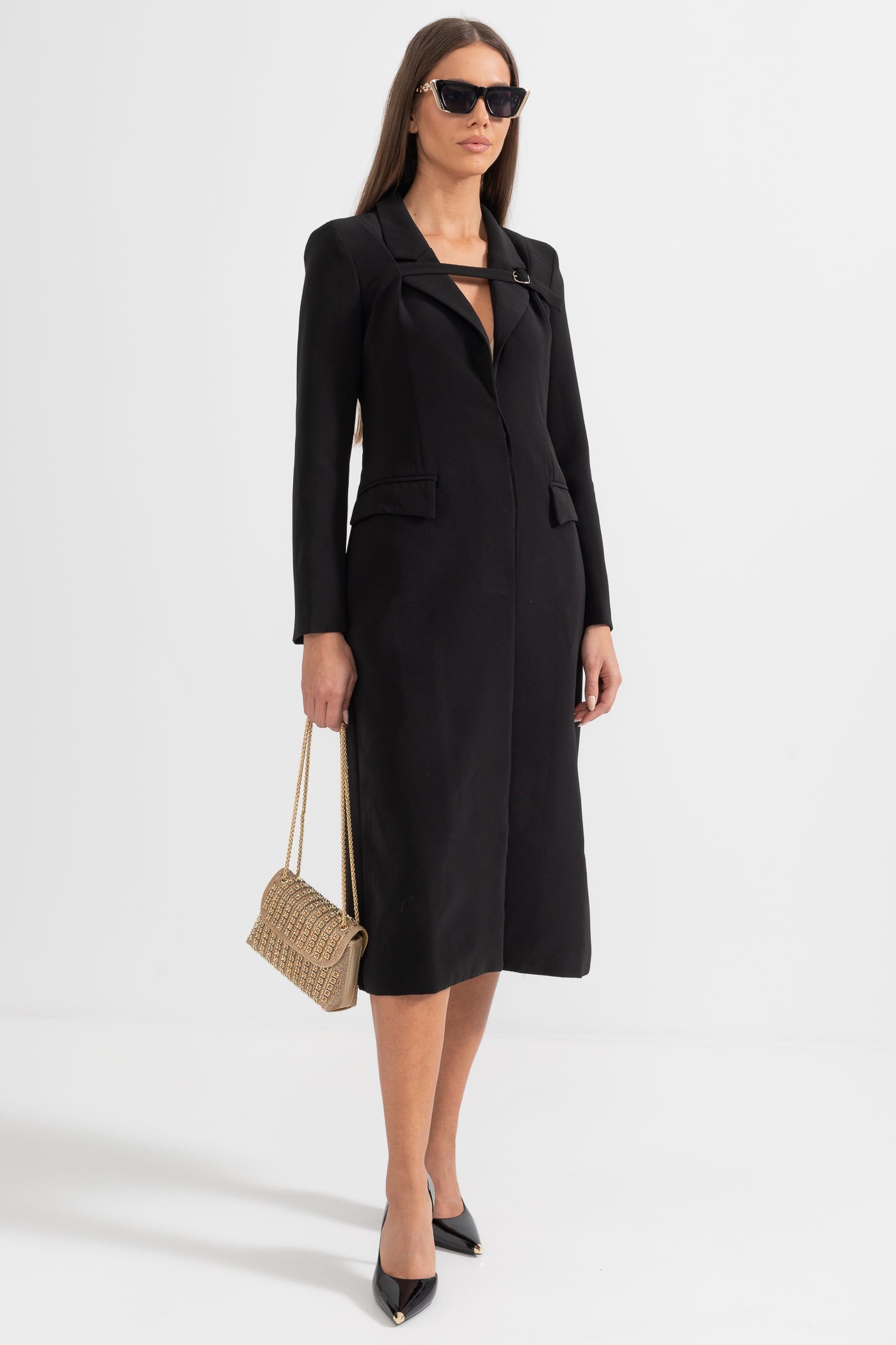 Trench Coat With Belt-Like Chest Accent - Black