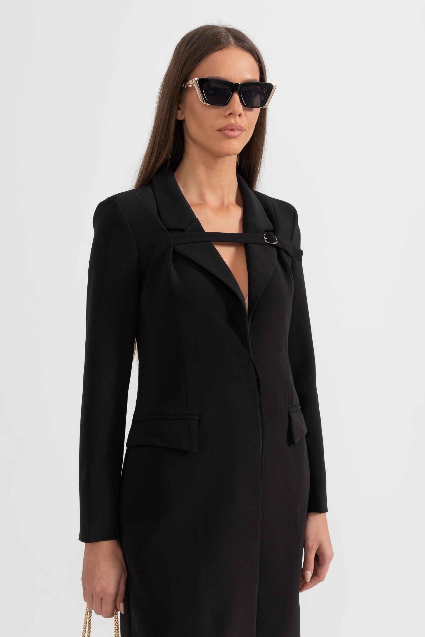 Trench Coat With Belt-Like Chest Accent - Black