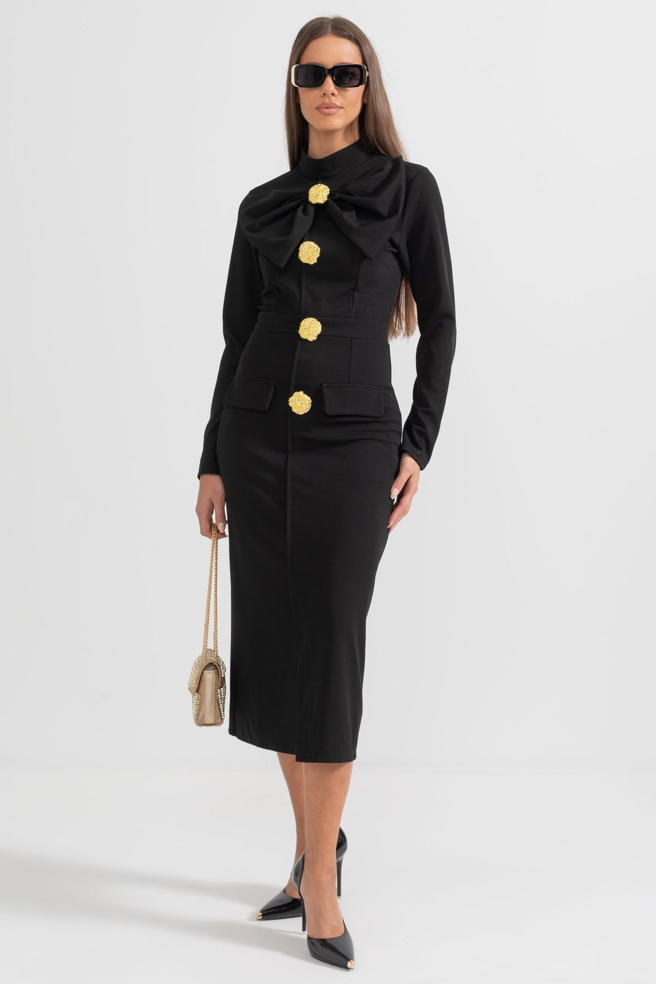 Elegant Bow-Collar Long-Sleeved Dress - Black