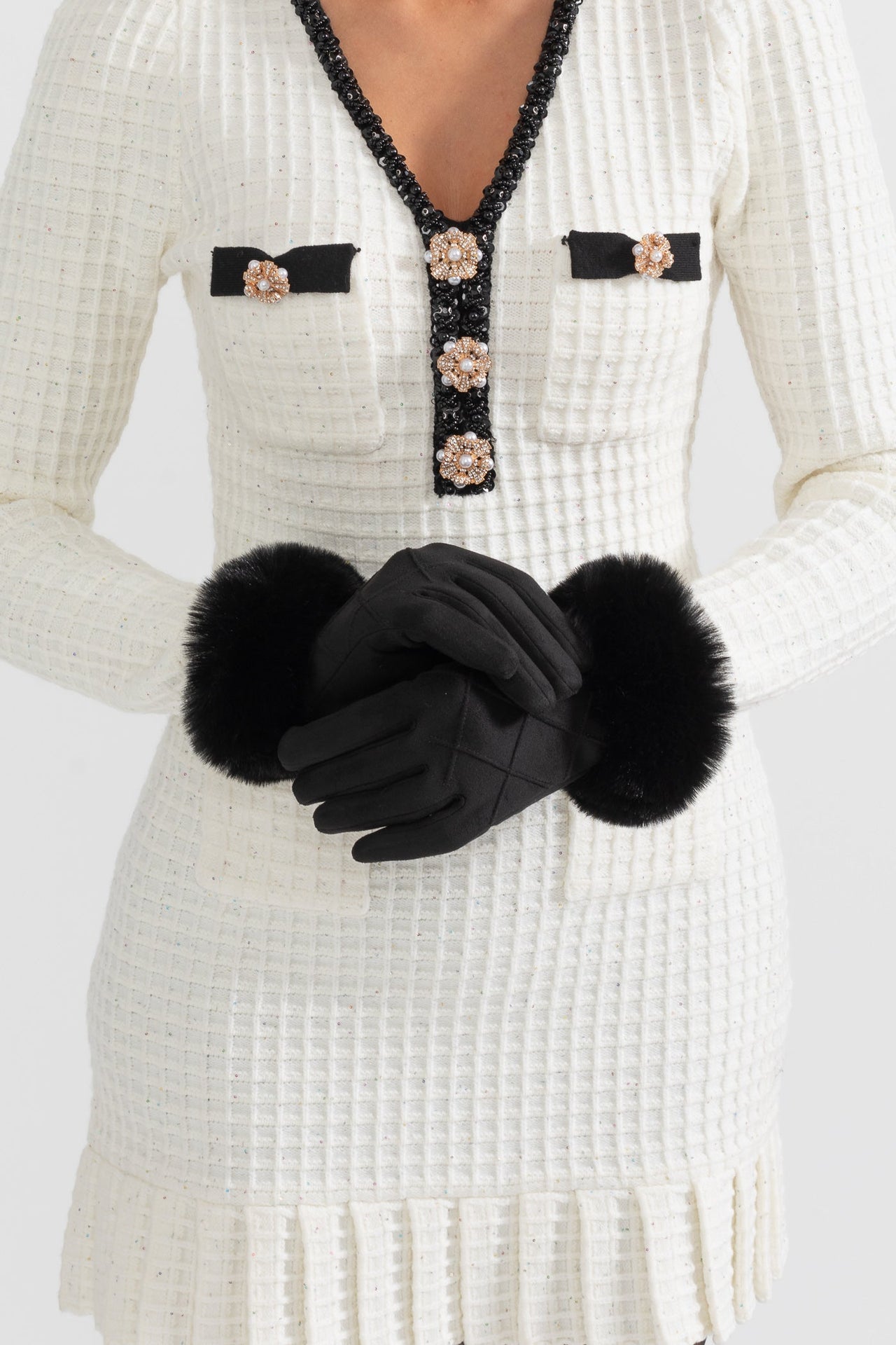 Suede Quilted Gloves With Fur - Black