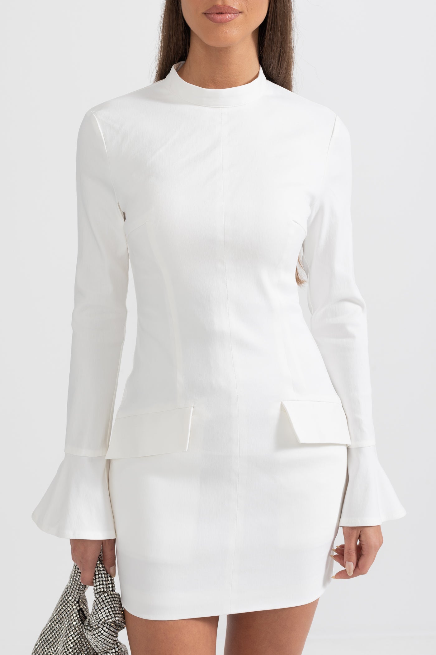 Elegant Fitted Dress With Dual Flap Pockets - White