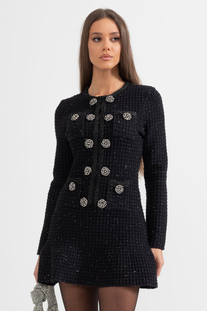 Long Sleeve Knee-Length Knitted Dress - Black