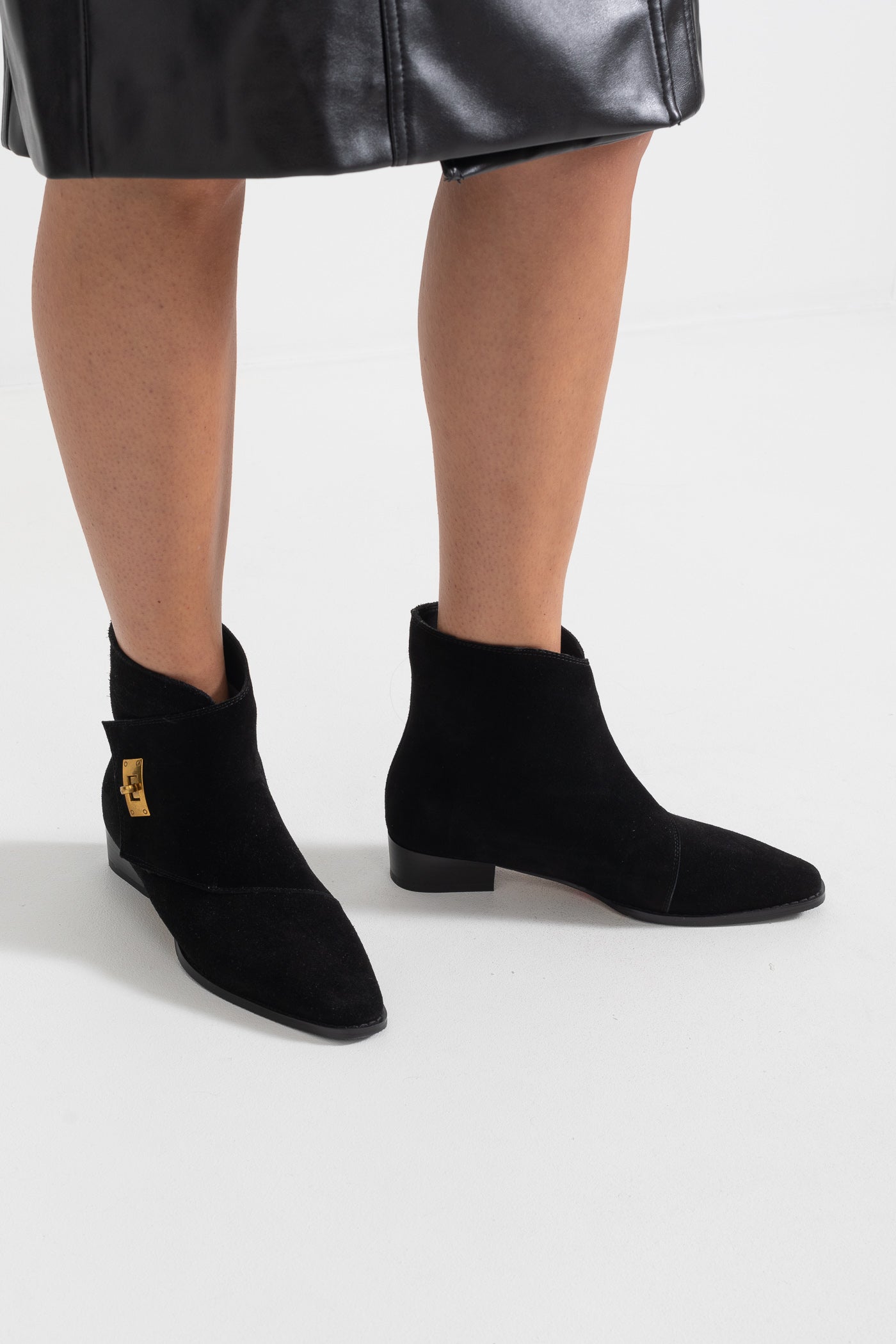 Suede Ankle Boots With Decorative Golden Buckle - Black