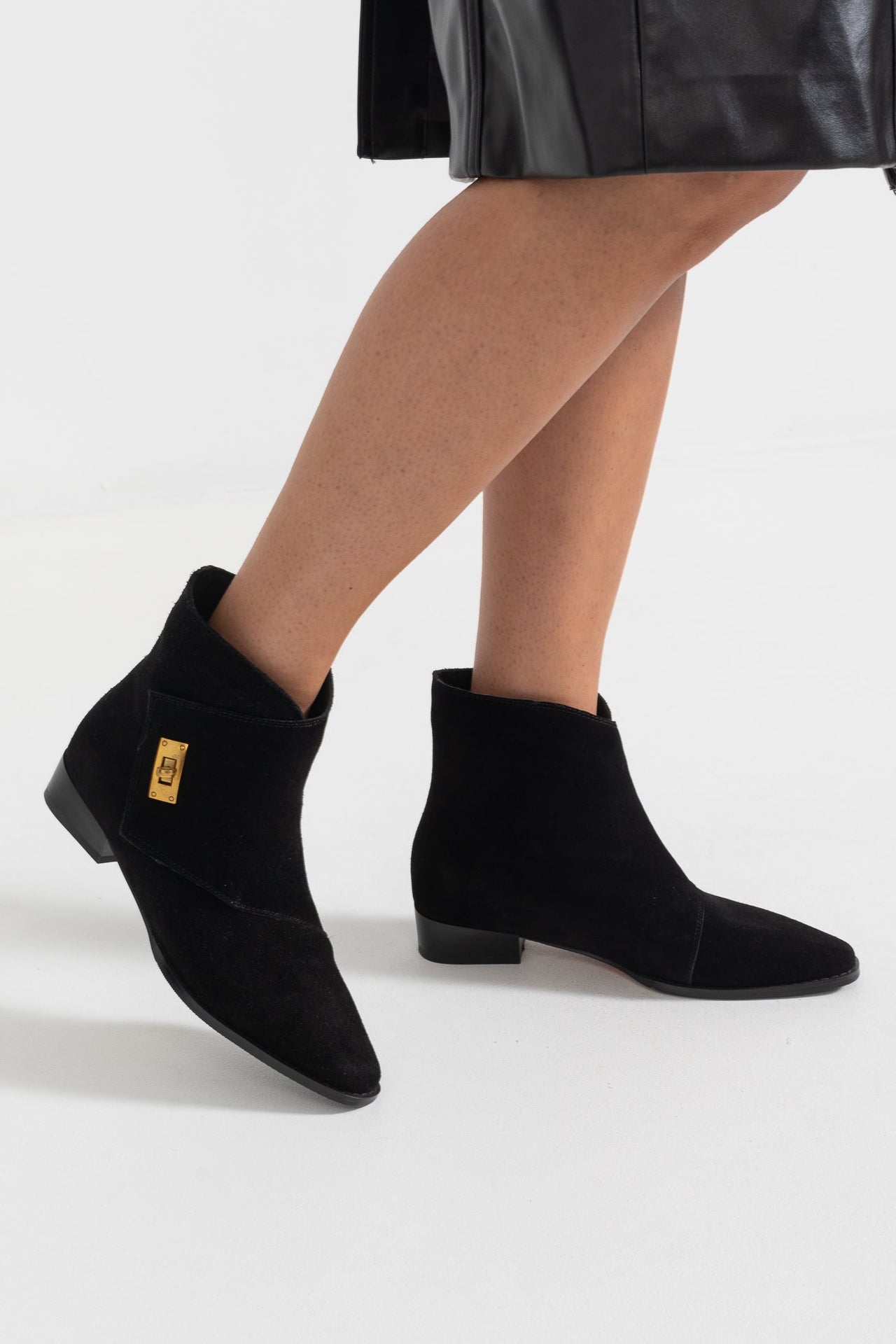 Suede Ankle Boots With Decorative Golden Buckle - Black