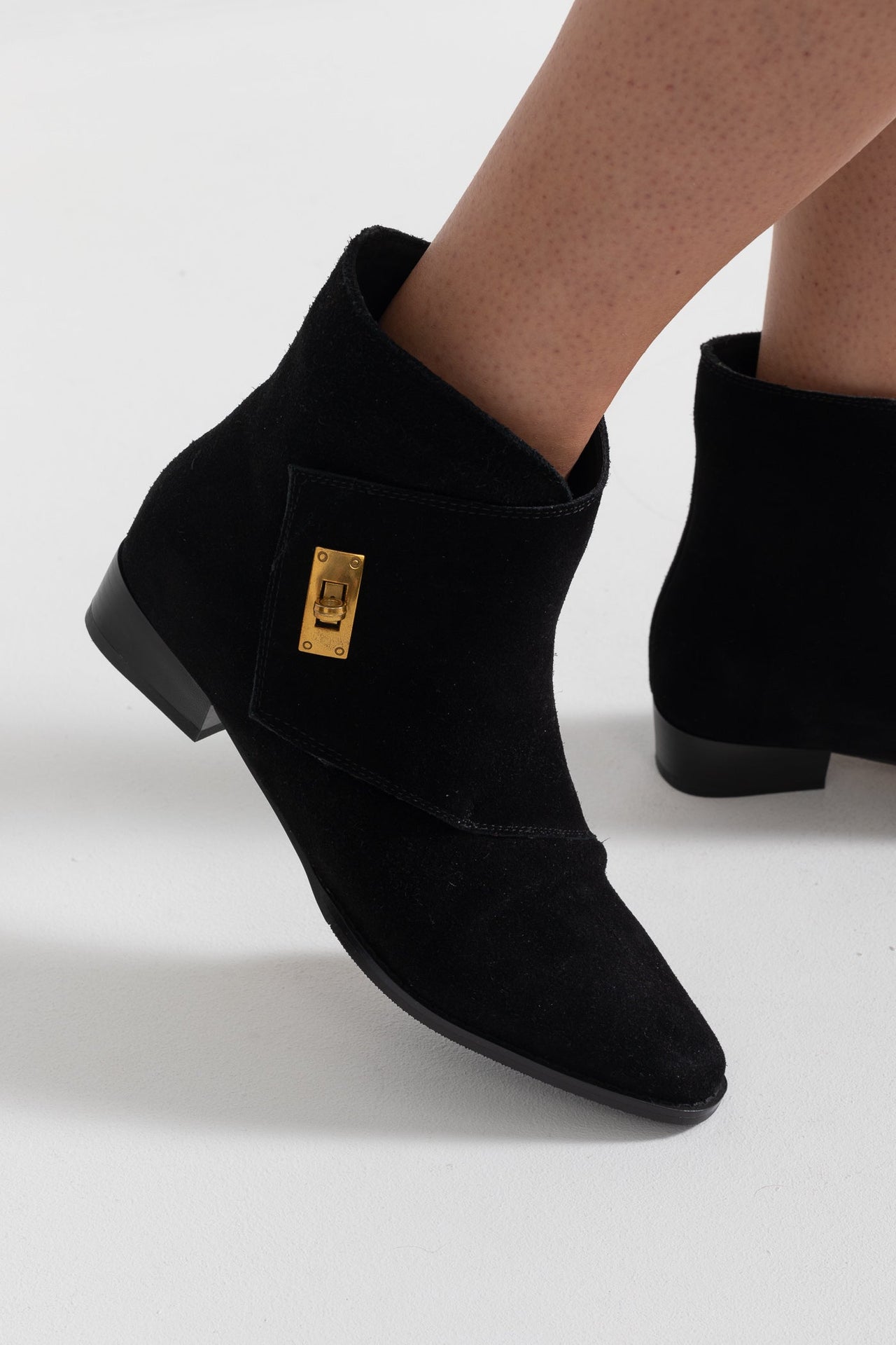 Suede Ankle Boots With Decorative Golden Buckle - Black