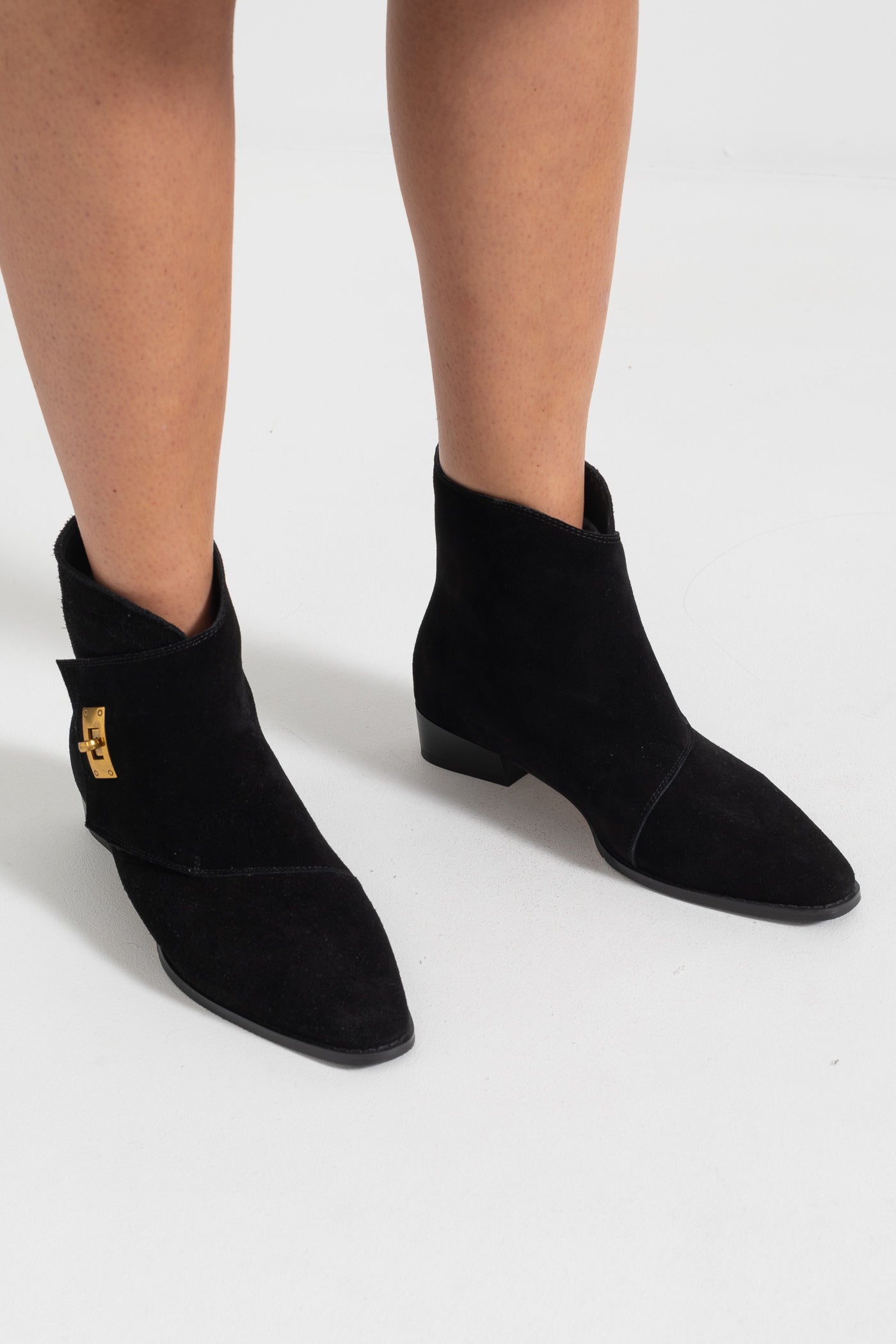 Suede Ankle Boots With Decorative Golden Buckle - Black