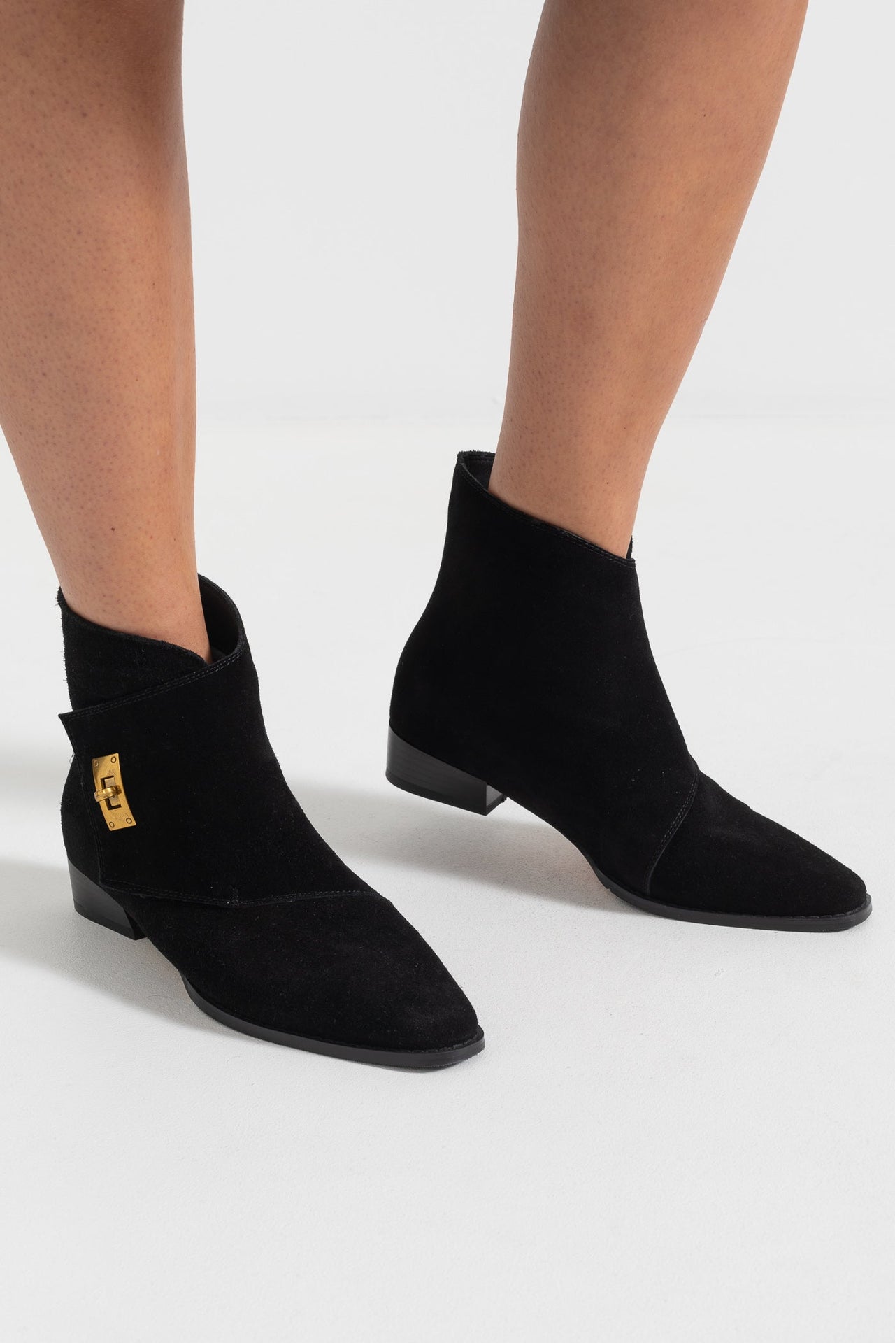 Suede Ankle Boots With Decorative Golden Buckle - Black