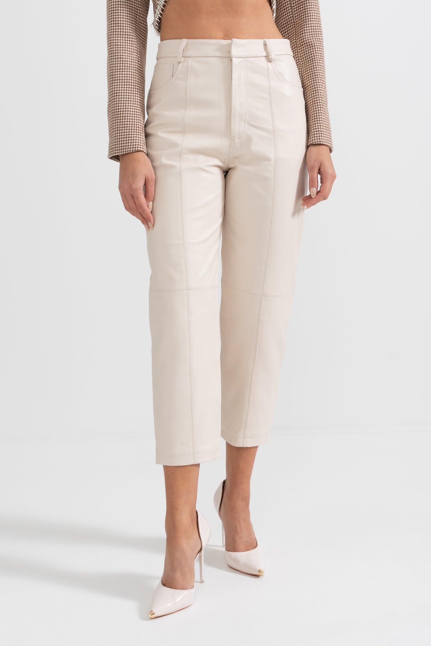 Leather Straight Leg Trousers With Decorative Stitching - White