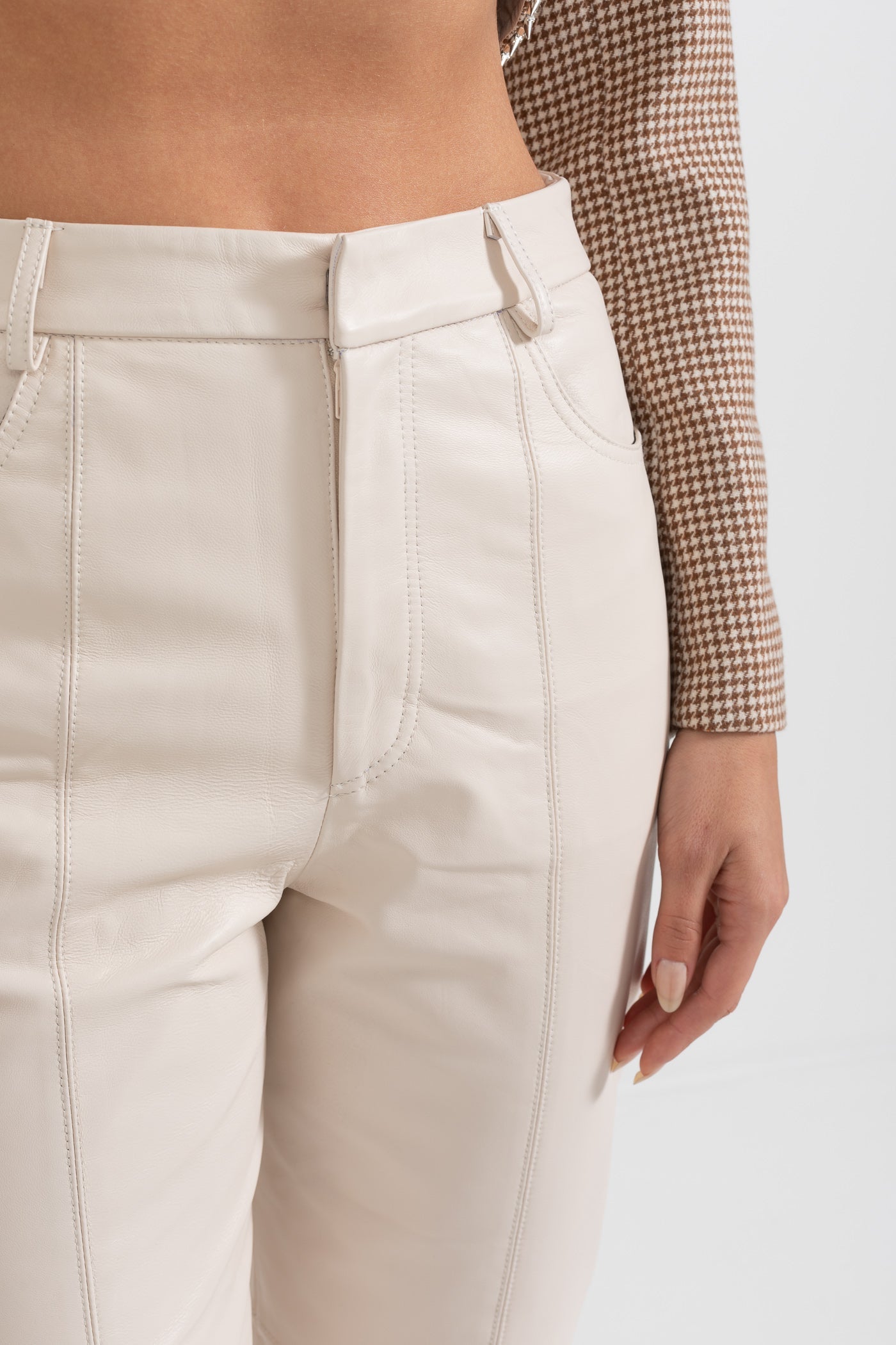 Leather Straight Leg Trousers With Decorative Stitching - White