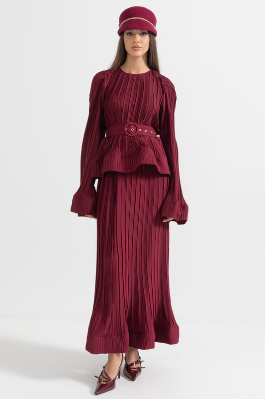 Elegant Ensemble With Pleated Top And Maxi Skirt - Burgundy