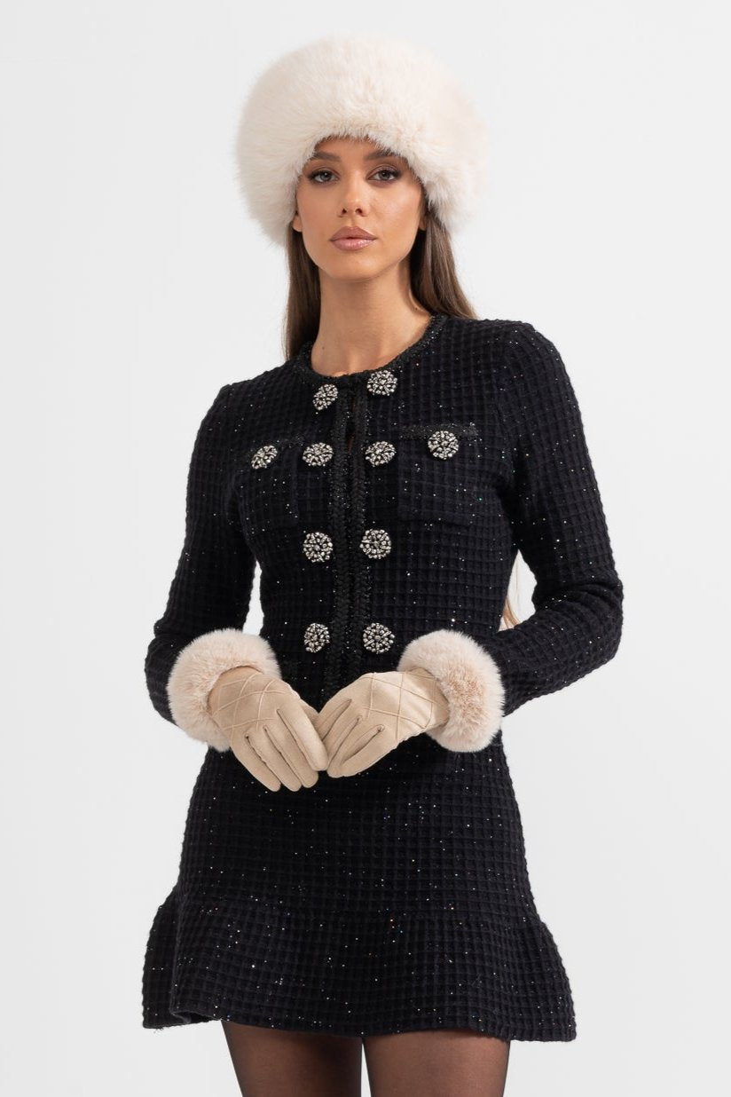 Long Sleeve Knee-Length Knitted Dress - Black