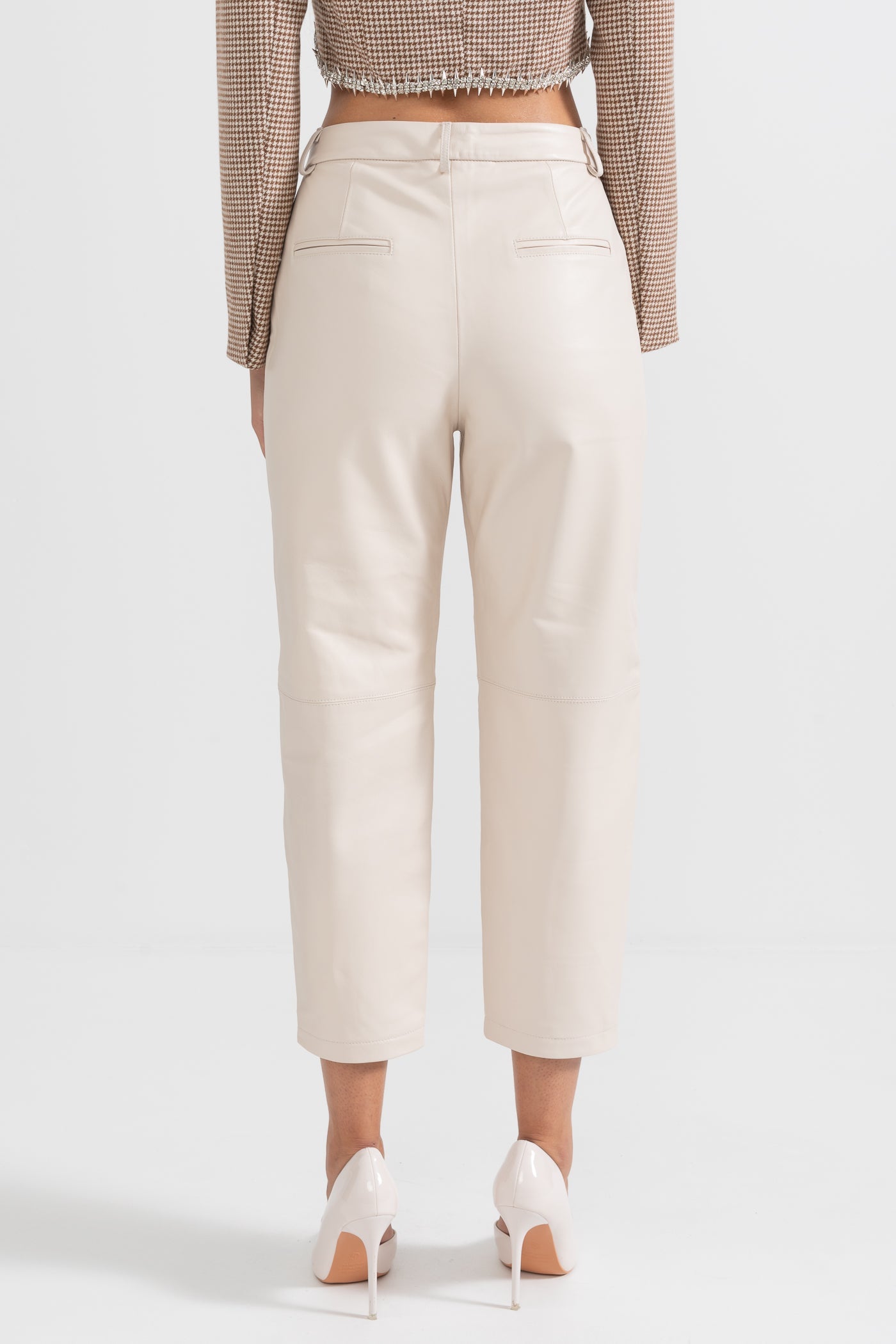 Leather Straight Leg Trousers With Decorative Stitching - White