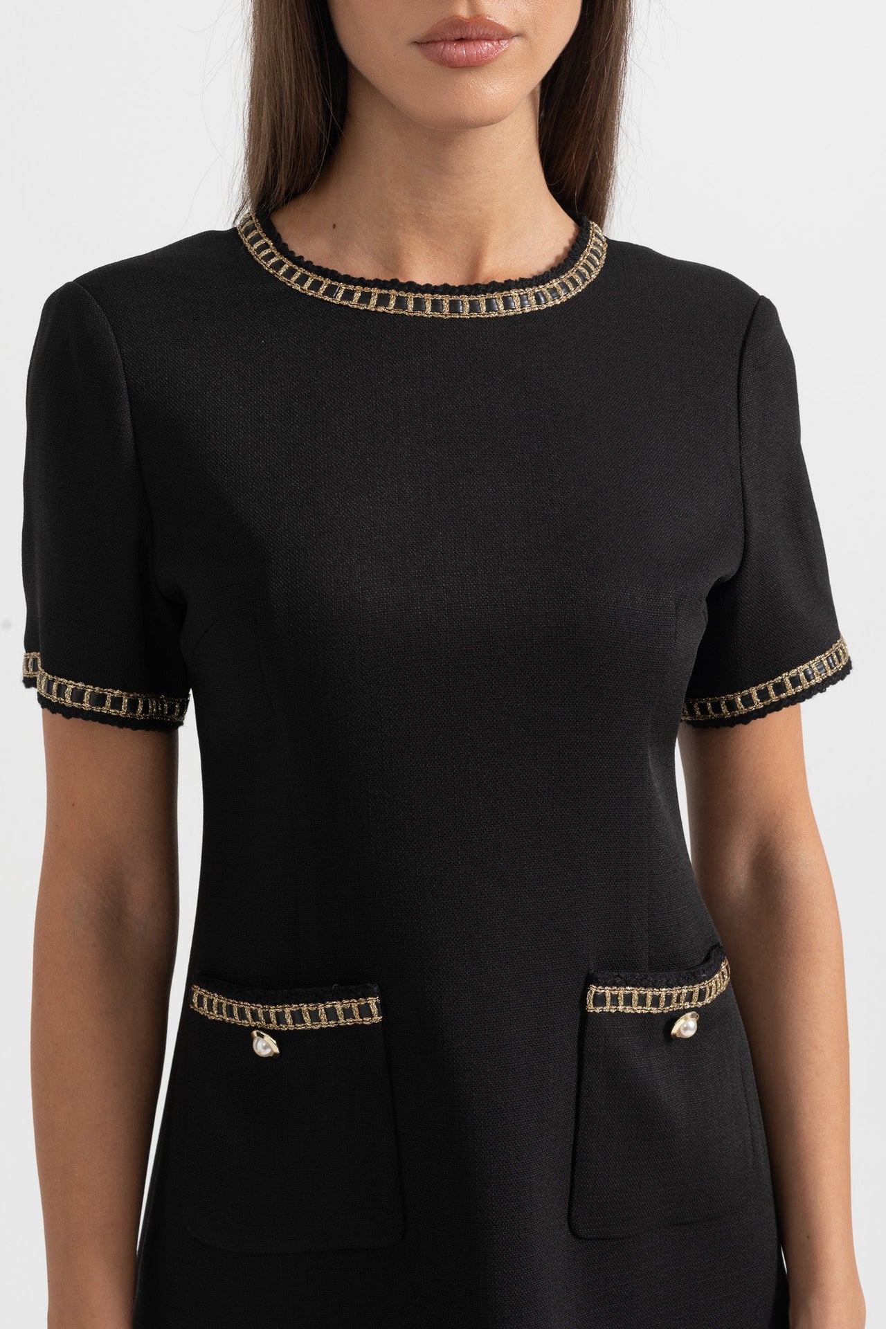 Short Sleeve Dress With Gold Stitching Details - Black