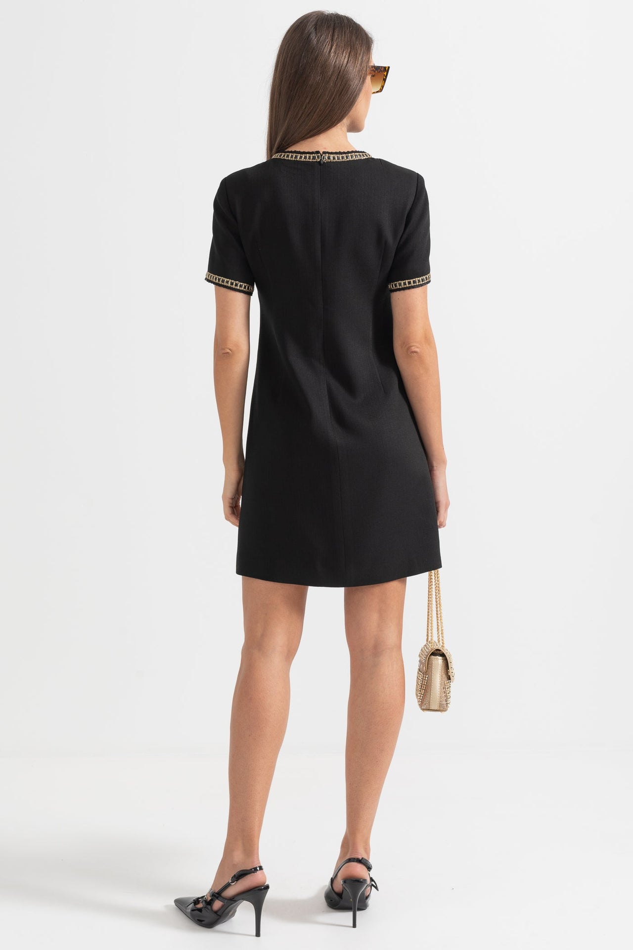 Short Sleeve Dress With Gold Stitching Details - Black