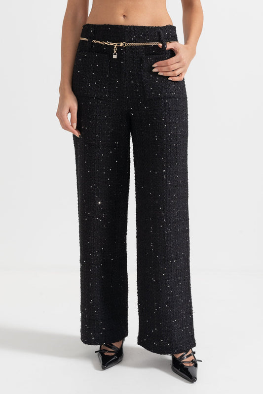 High-Waisted Wide-Leg Trousers With Chain Detail - Black