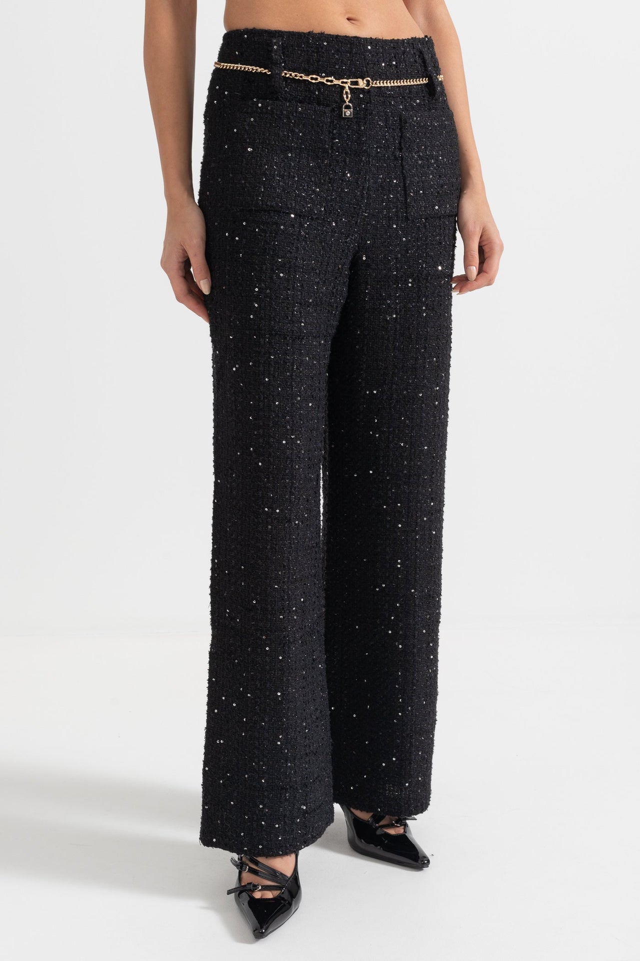 High-Waisted Wide-Leg Trousers With Chain Detail - Black