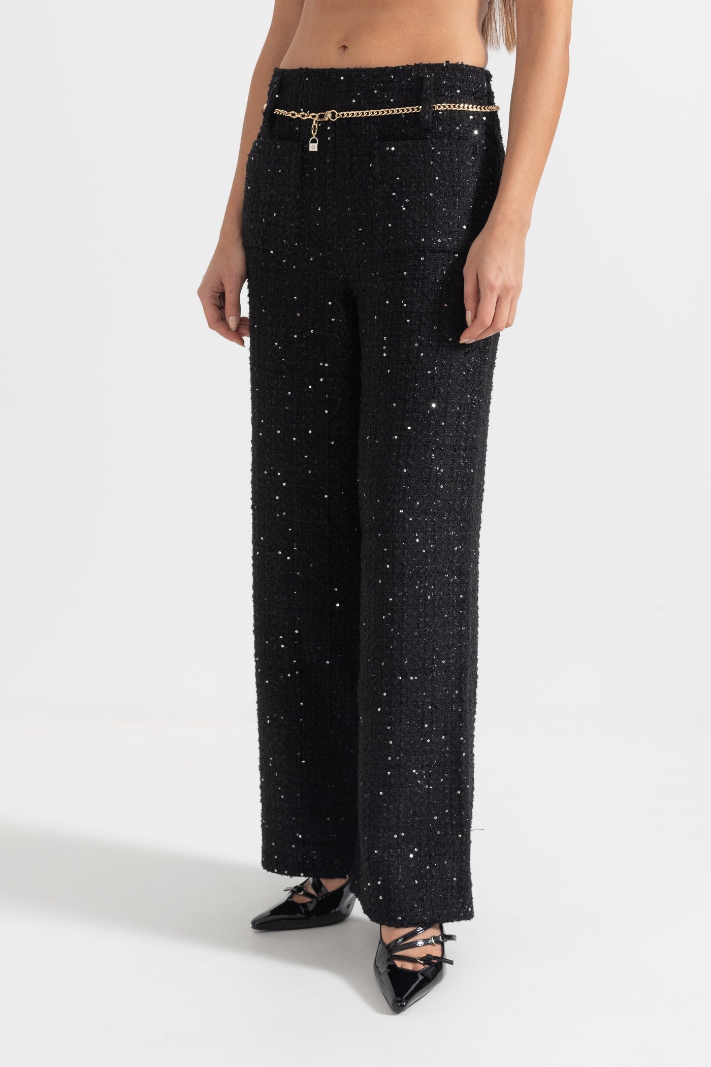 High-Waisted Wide-Leg Trousers With Chain Detail - Black