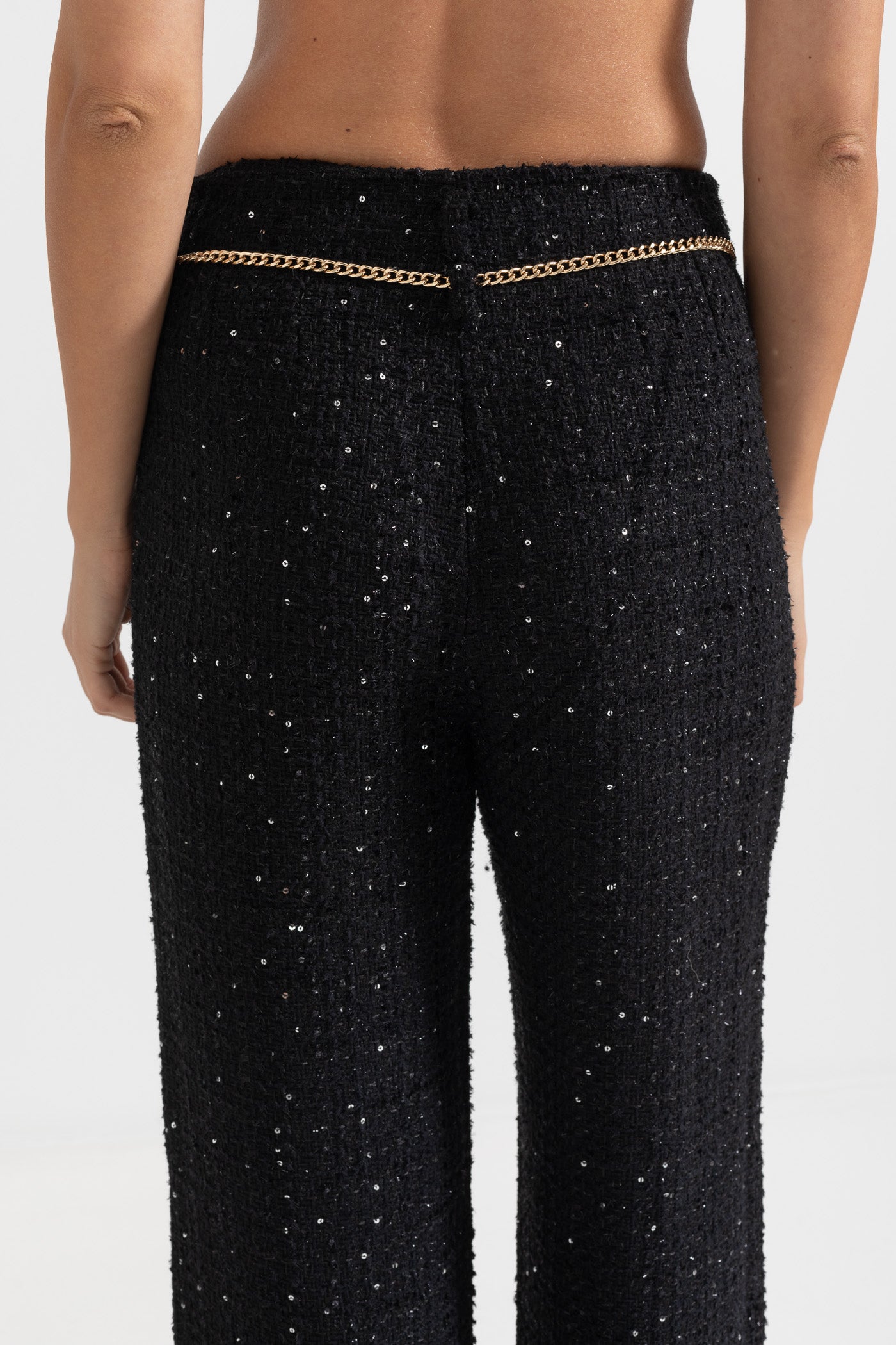 High-Waisted Wide-Leg Trousers With Chain Detail - Black