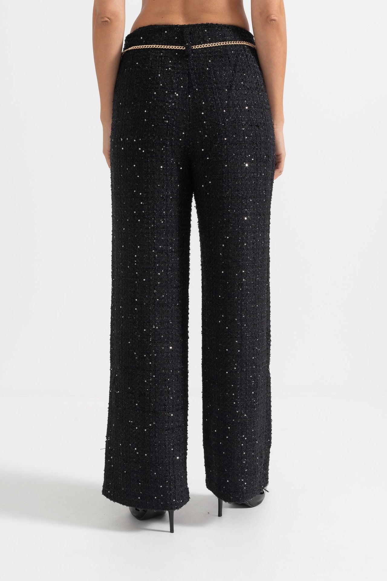 High-Waisted Wide-Leg Trousers With Chain Detail - Black