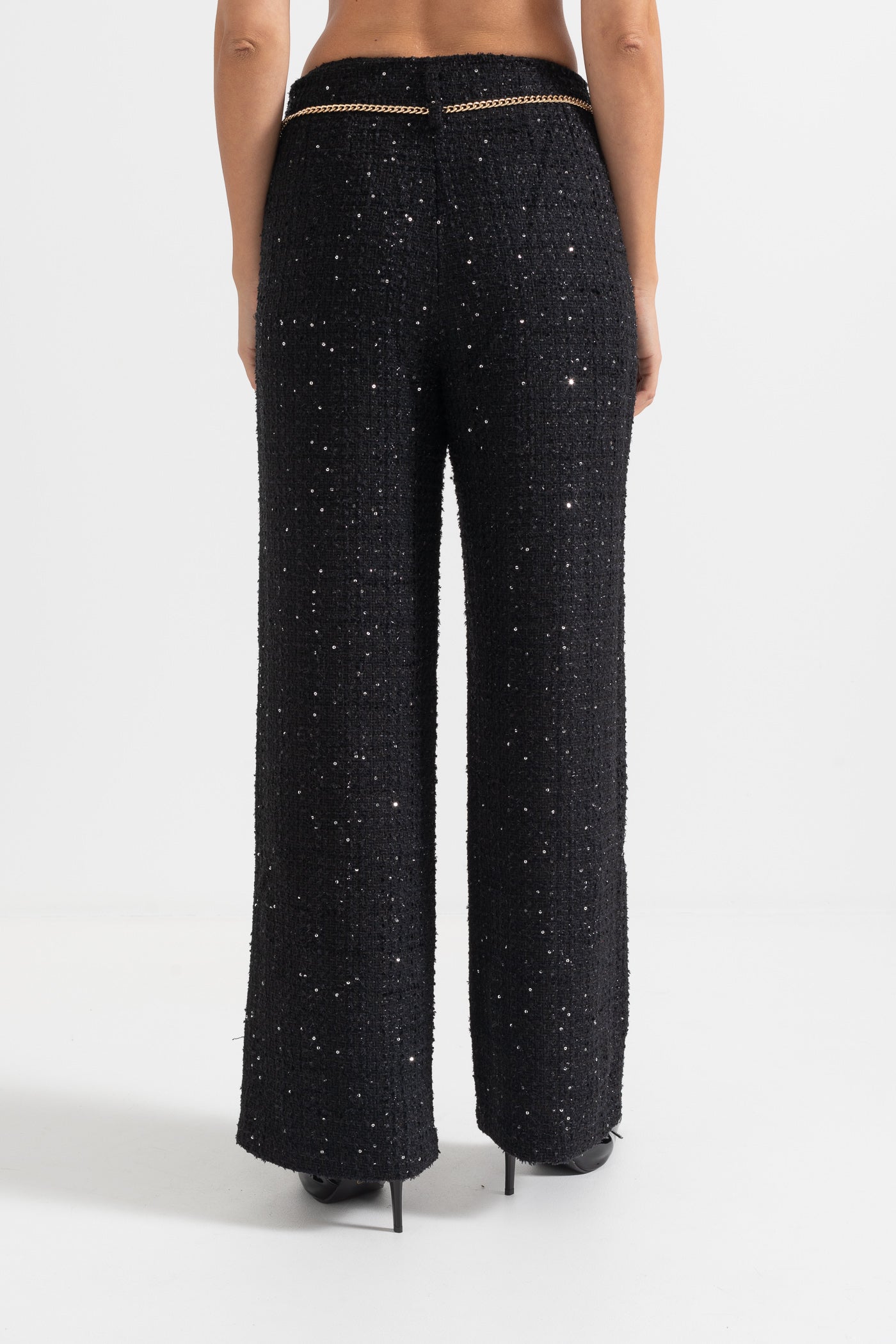 High-Waisted Wide-Leg Trousers With Chain Detail - Black