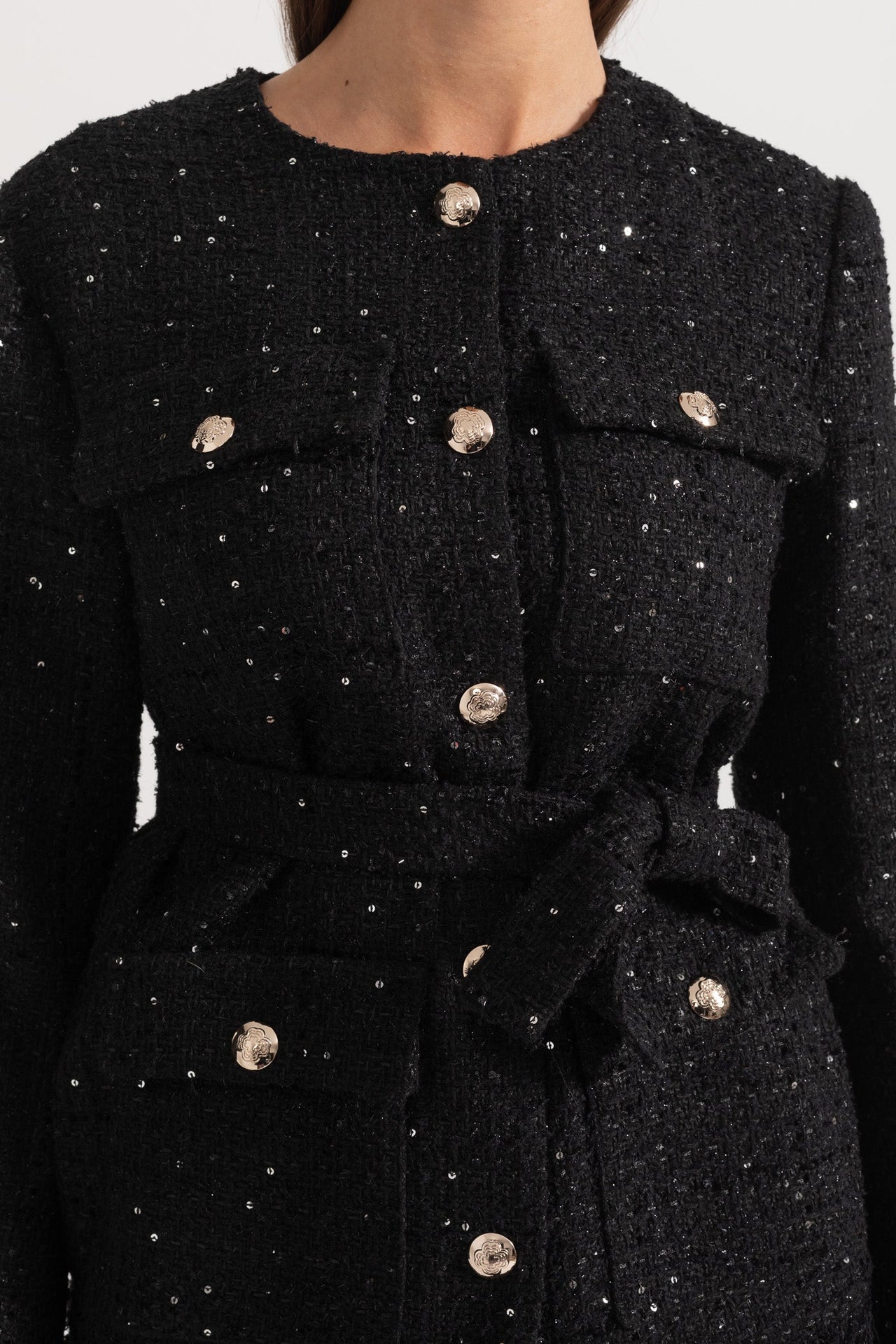 Elegant Tweed Blazer With Waist Belt - Black