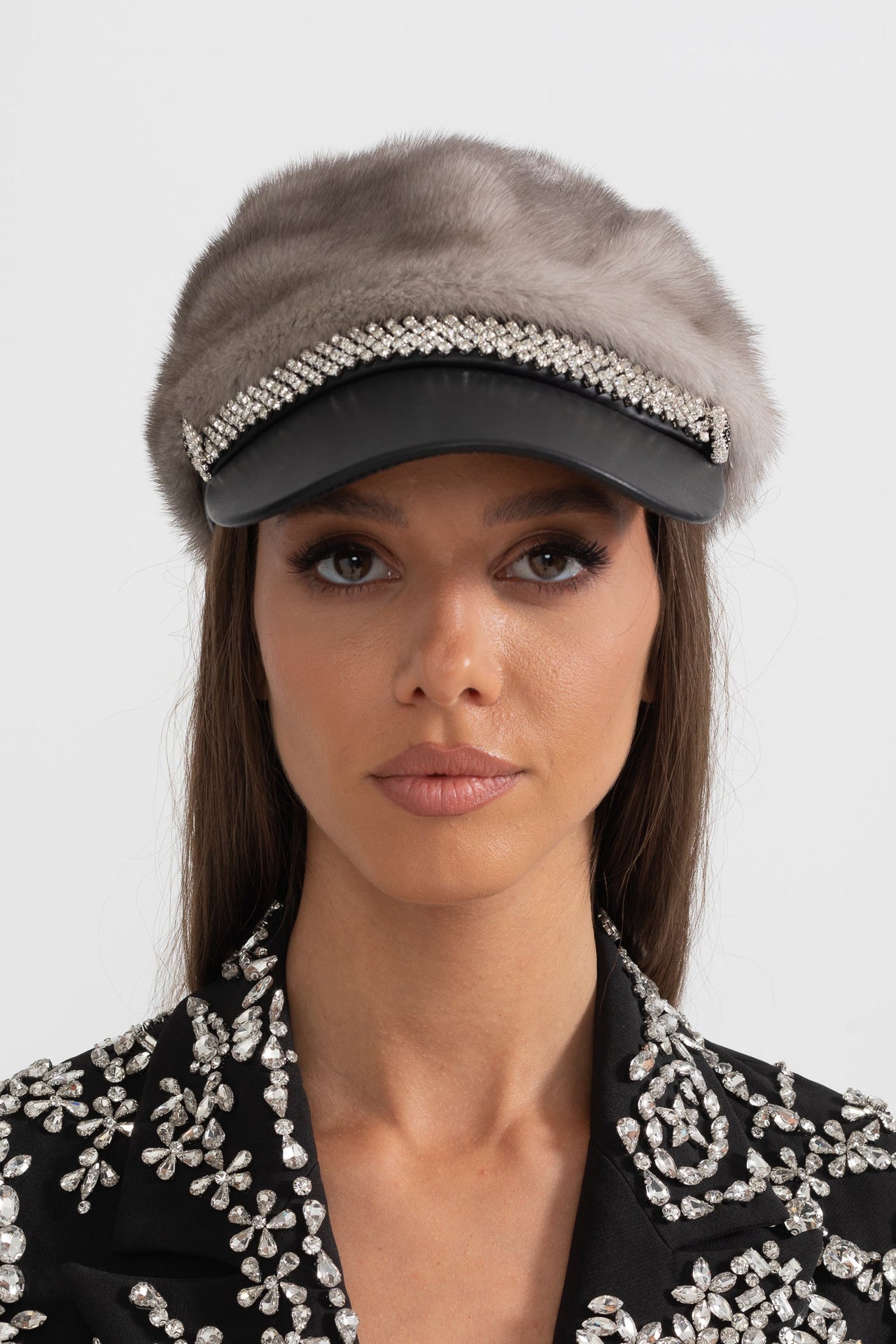 Mink Fur Hat With Leather Visor - Gray