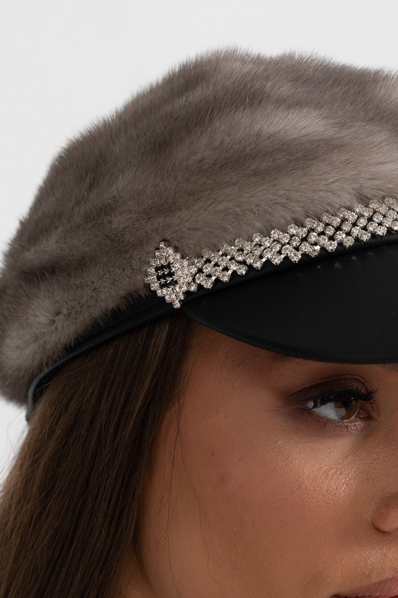 Mink Fur Hat With Leather Visor - Gray