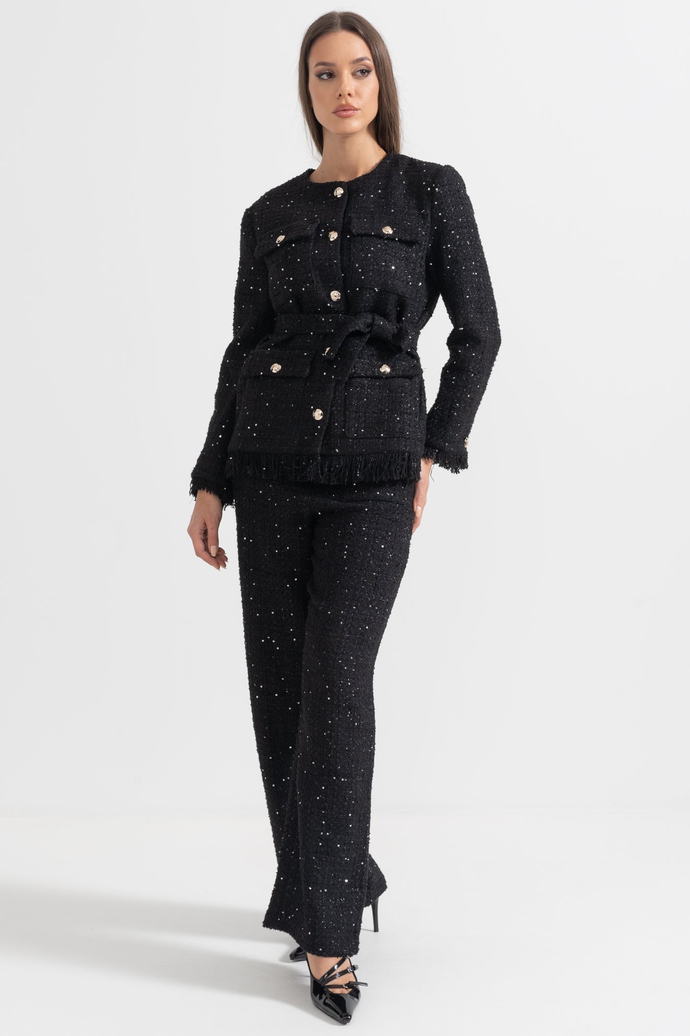 Elegant Tweed Blazer With Waist Belt - Black