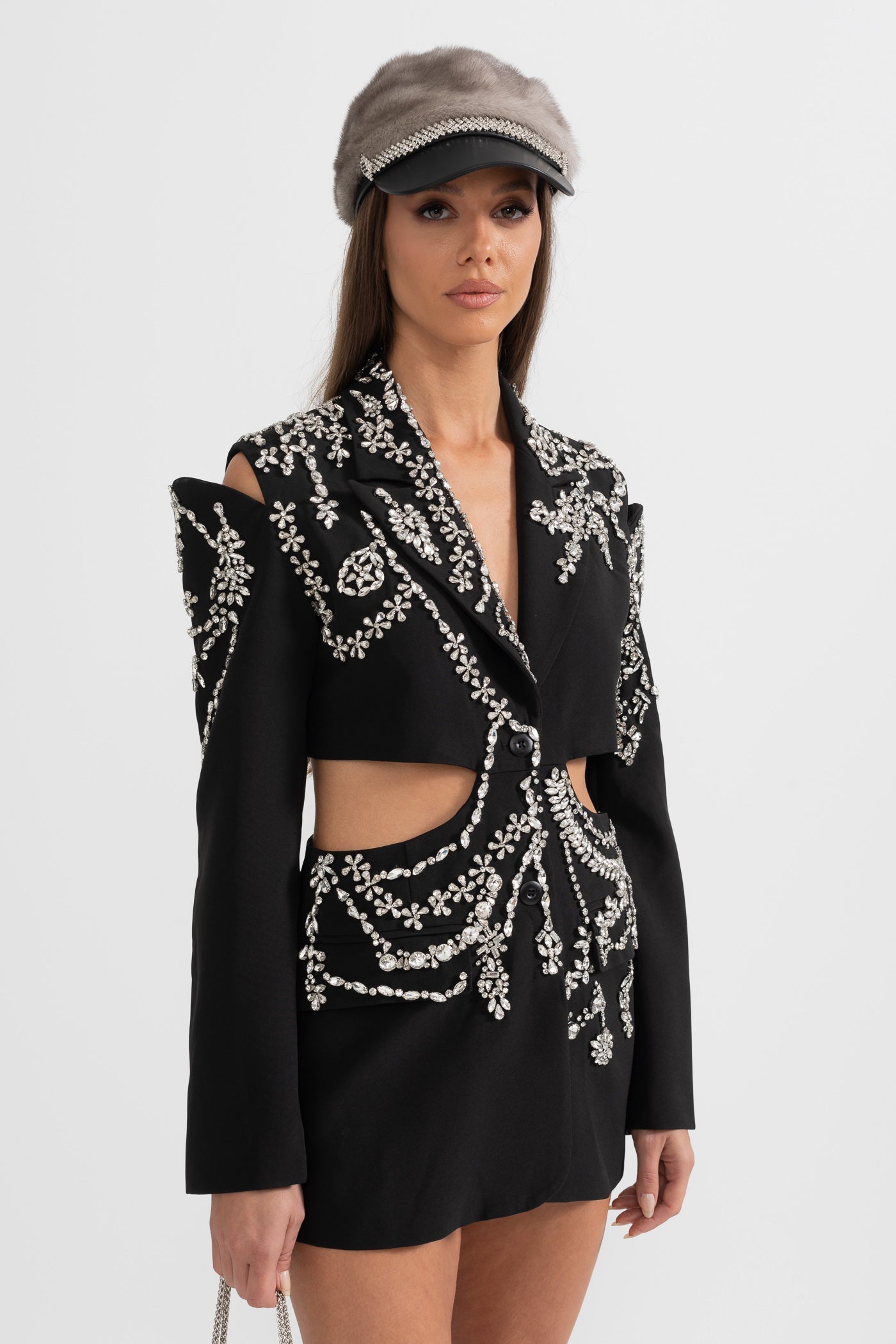 Embroidered Elegant Blazer with Waist Cutouts - Black