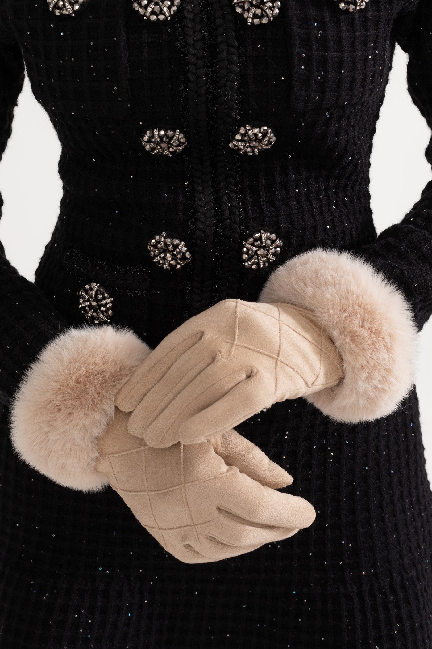 Suede Quilted Gloves With Fur - Beige