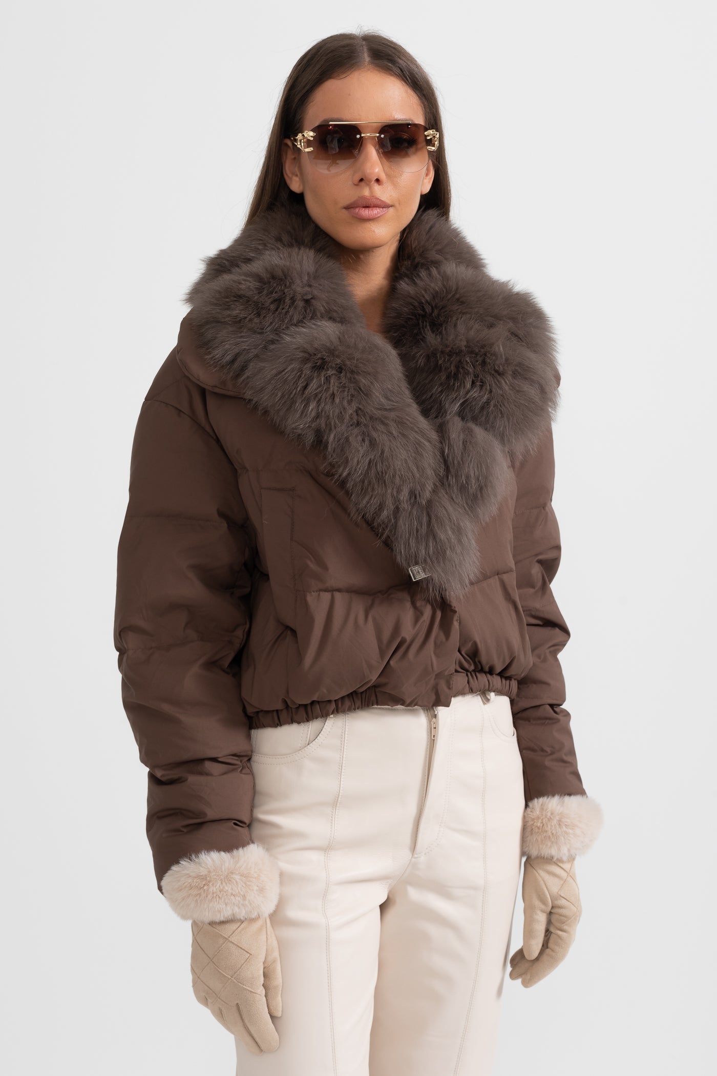 Puffer Jacket With Brown Fox Fur-Lined Hood - Brown