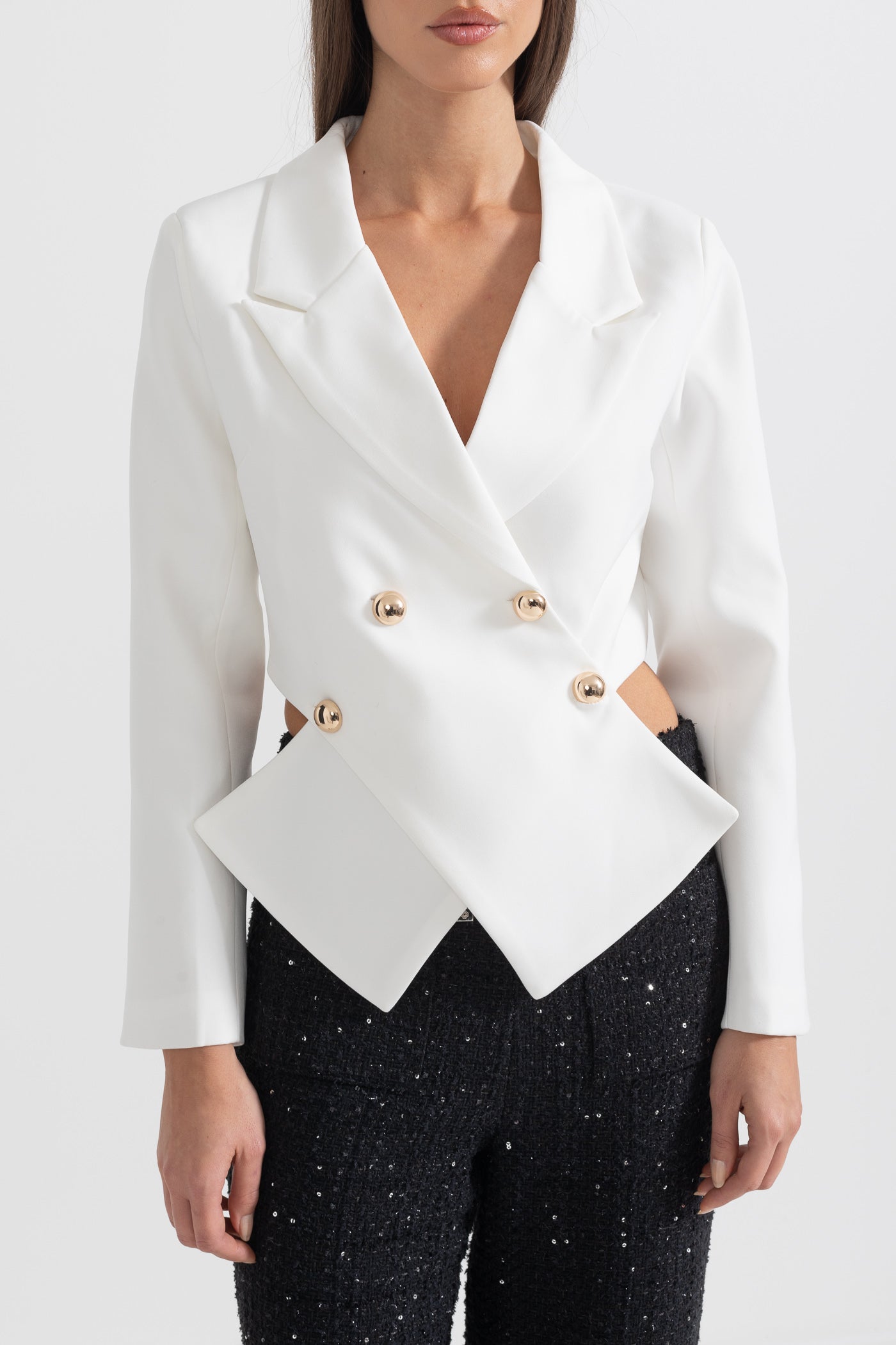 Contemporary Blazer With Crossed Front Closure - White