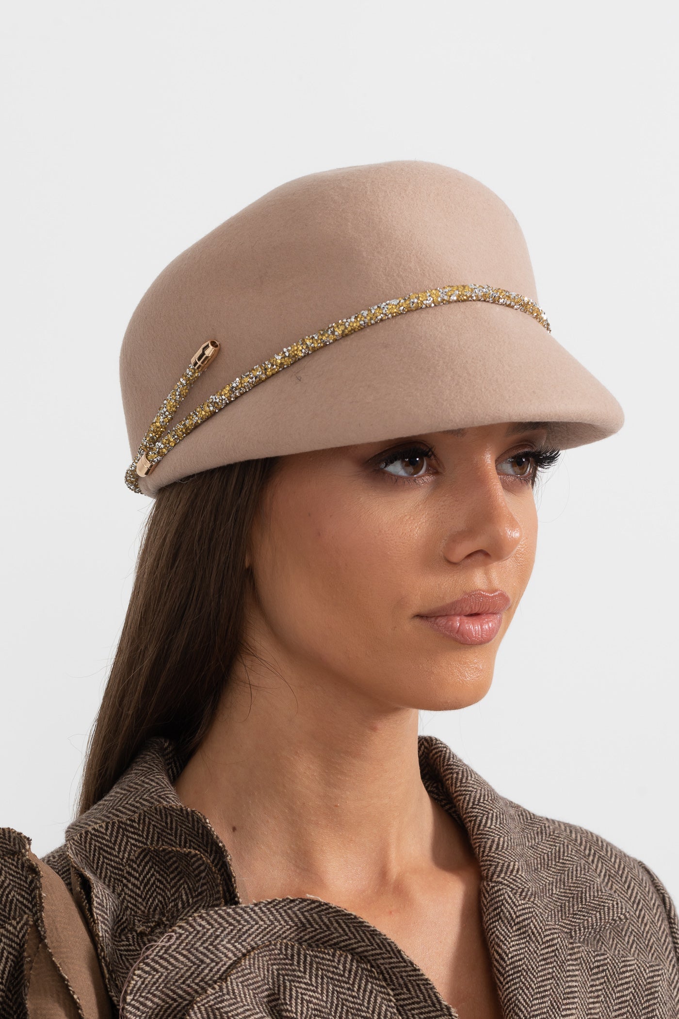 Short Brim Hat With Wrapped Detail - Beige