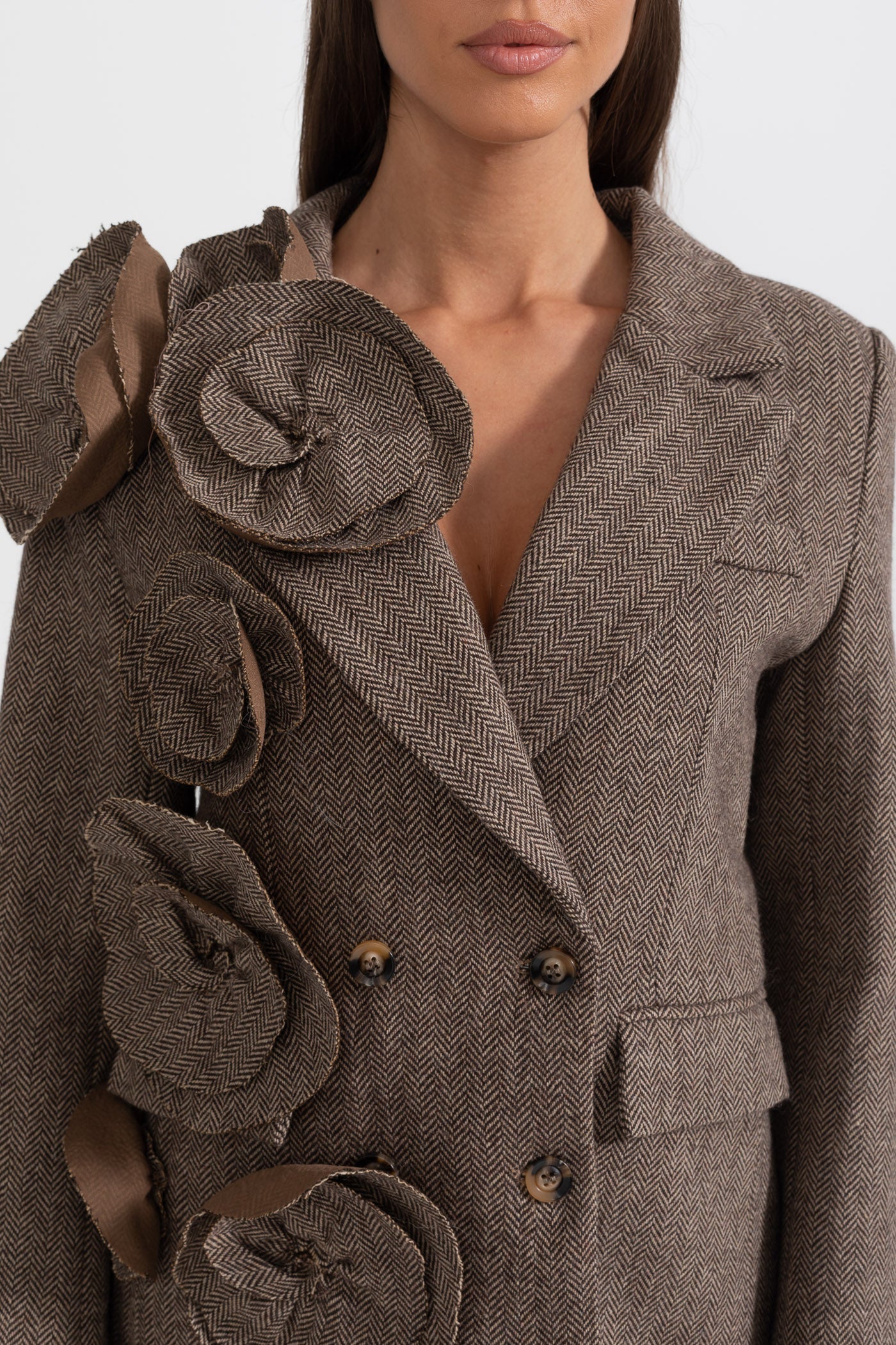 Blomsterpyntet dobbeltbrystet tweed blazer - brun