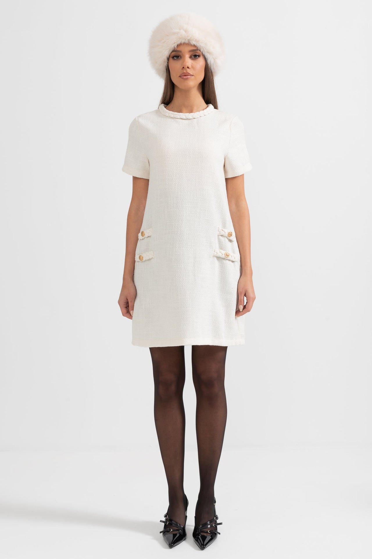 Short-Sleeve Textured Dress With Braided Accents - Ivoire