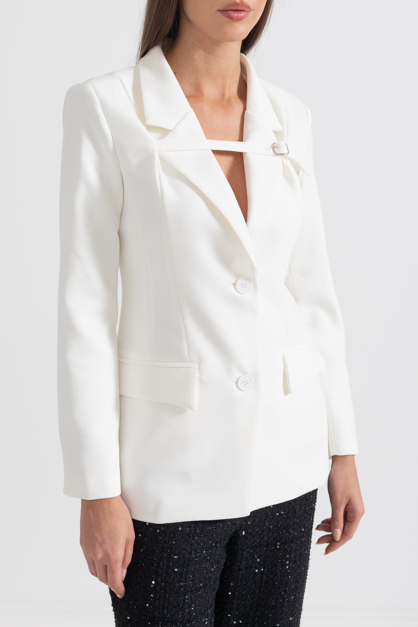 Tailored Blazer With Chest-Crossing Strap - White