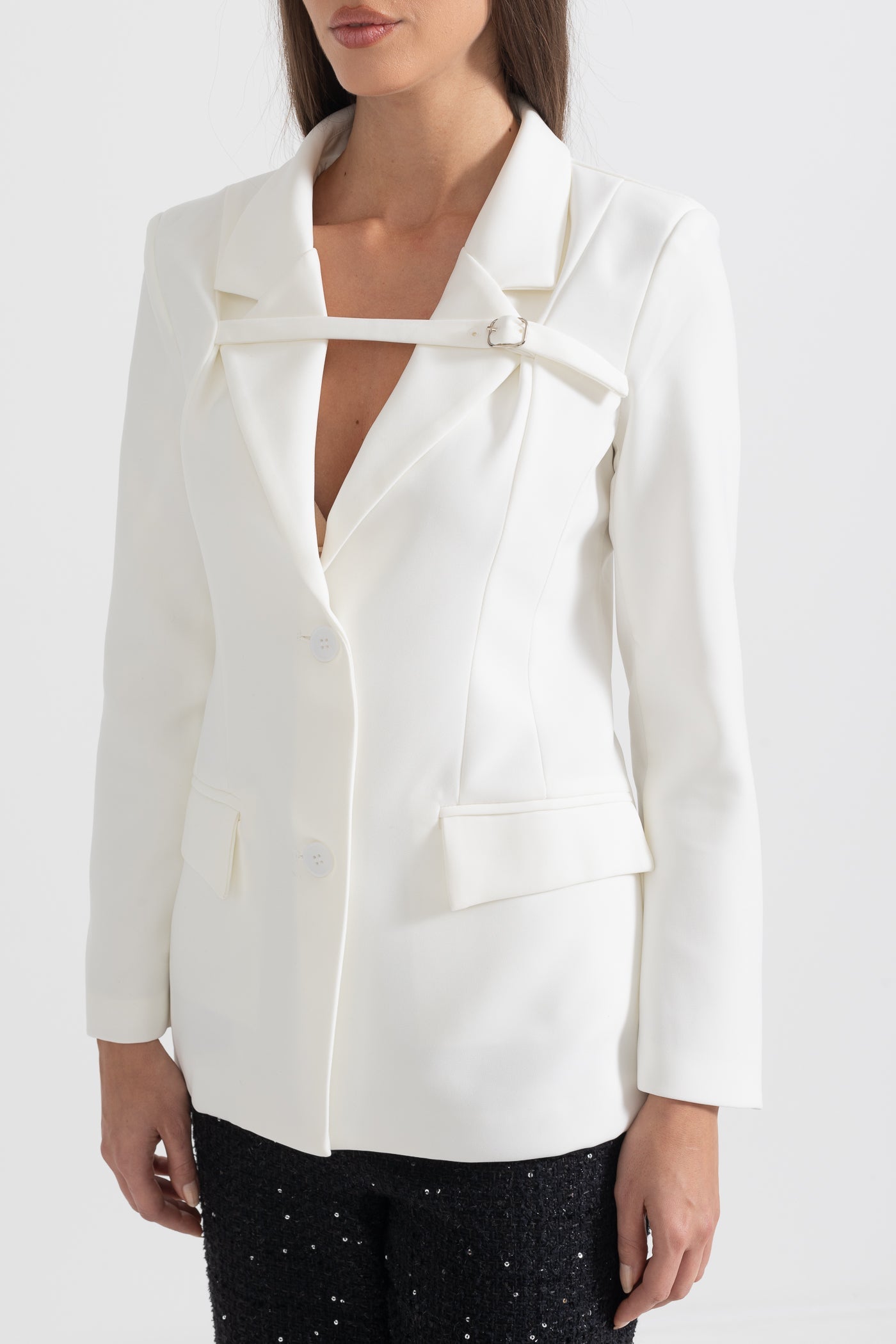 Tailored Blazer With Chest-Crossing Strap - White