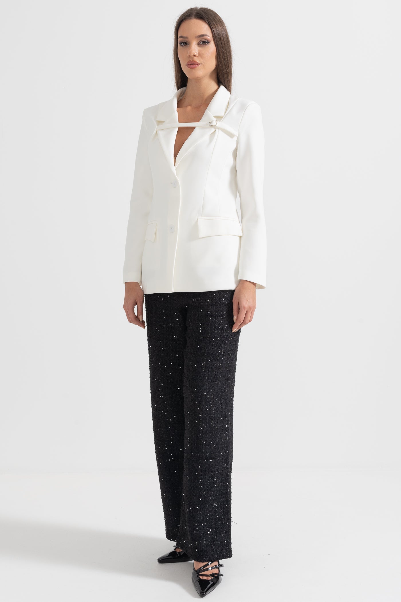 Tailored Blazer With Chest-Crossing Strap - White