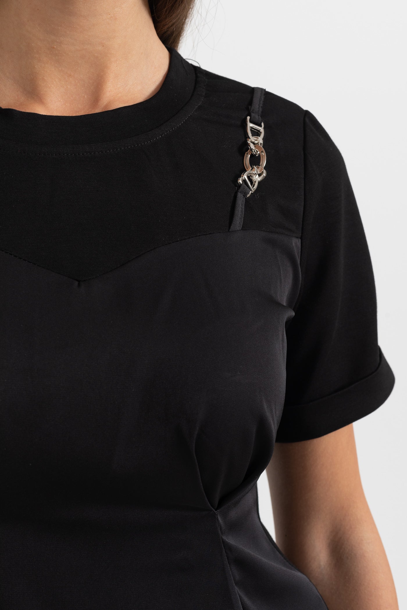 Asymmetrical Pleated Top With Shoulder Chains - Black