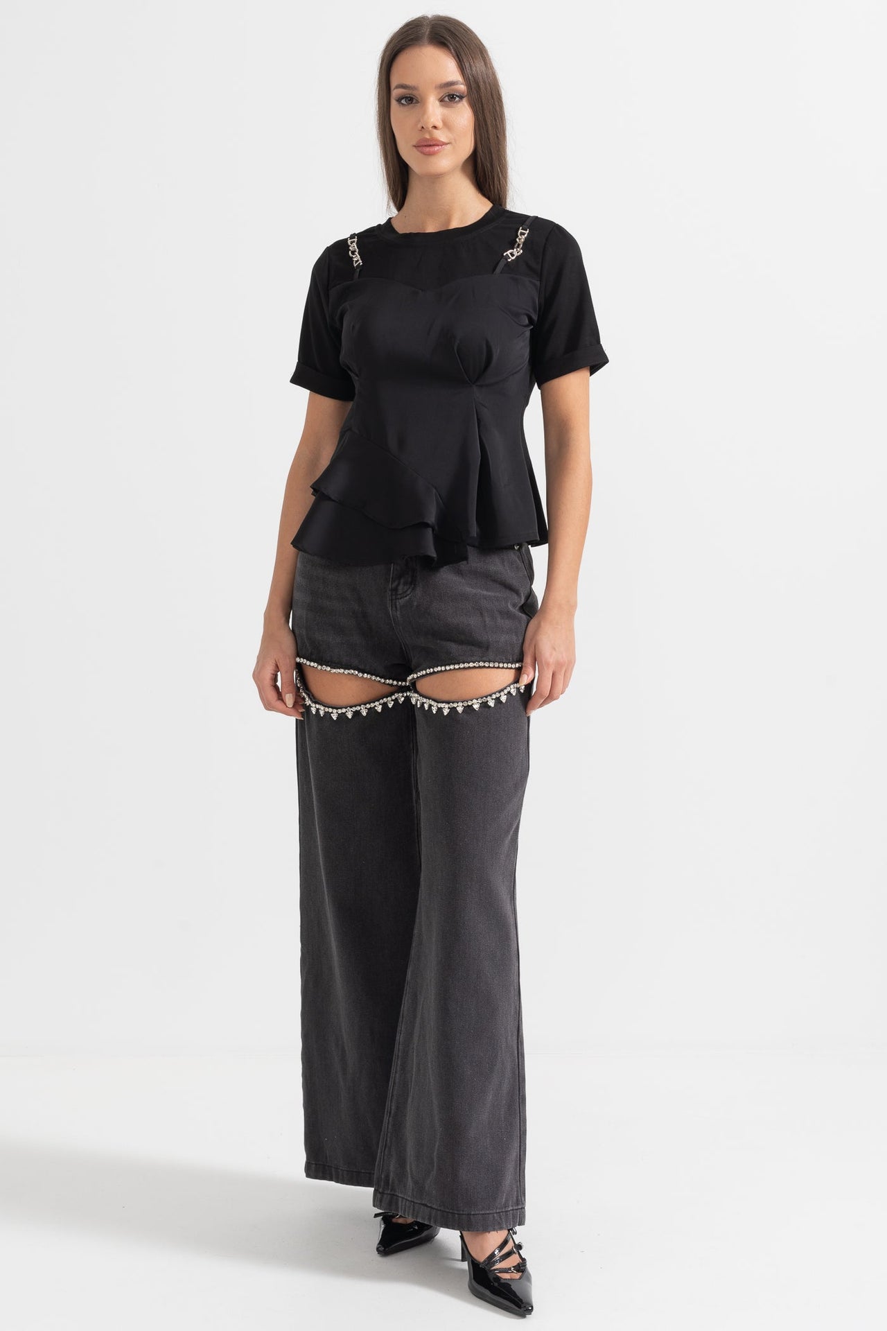 Asymmetrical Pleated Top With Shoulder Chains - Black