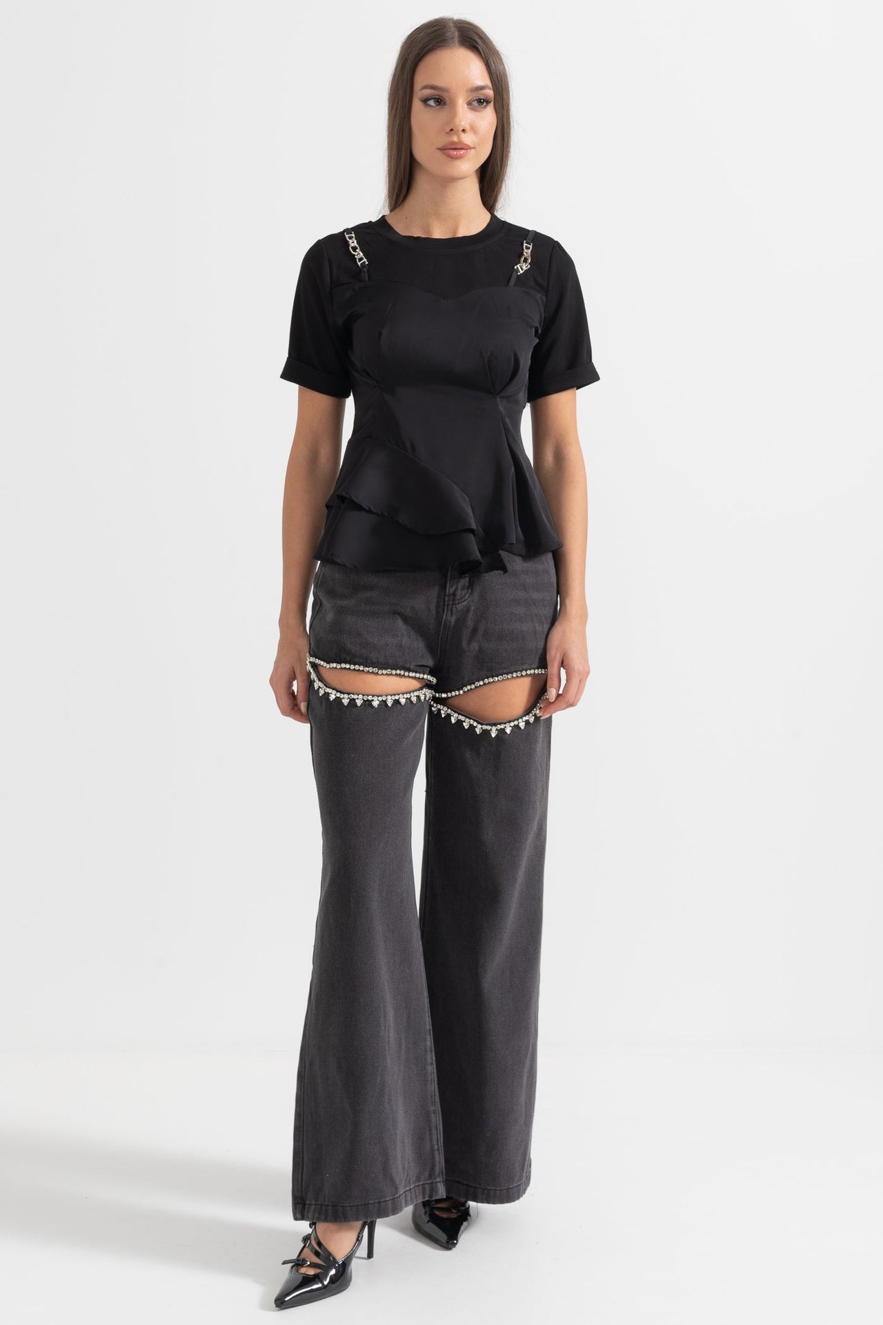 Asymmetrical Pleated Top With Shoulder Chains - Black