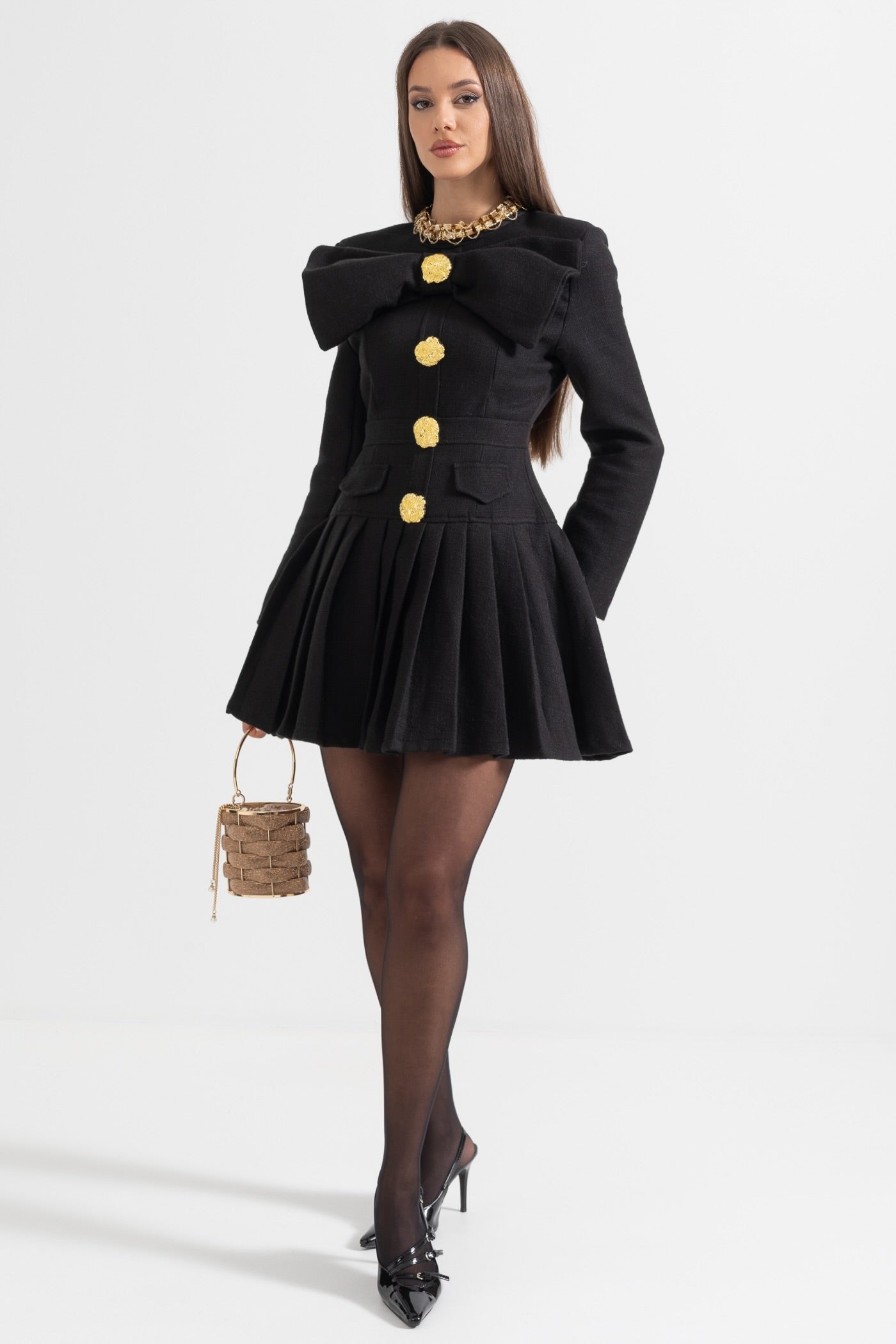 Buttoned Dress With Large Decorative Gold Buttons And Neckline Bow - Black